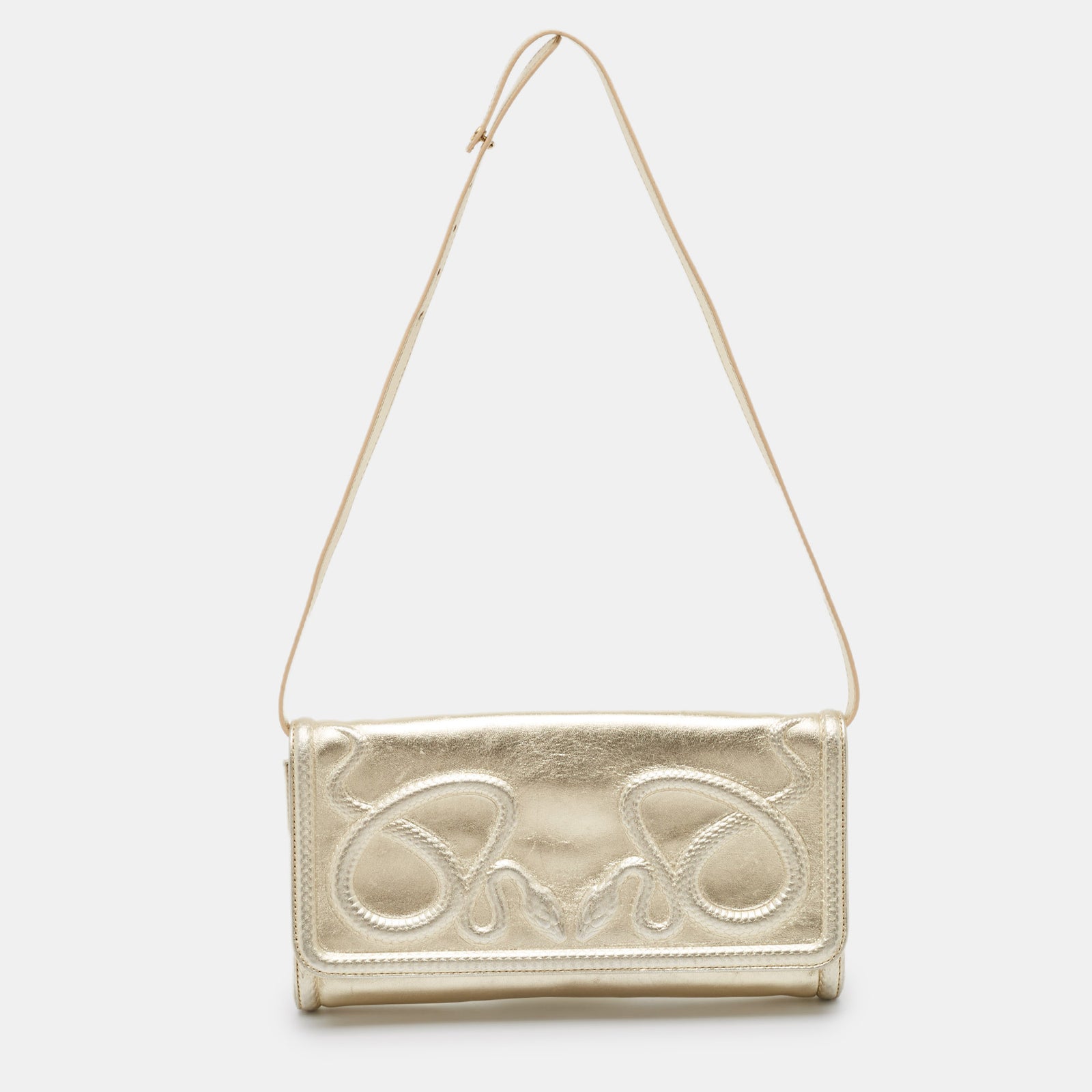 Roberto Cavalli Gold Snake Embossed Leather Clutch