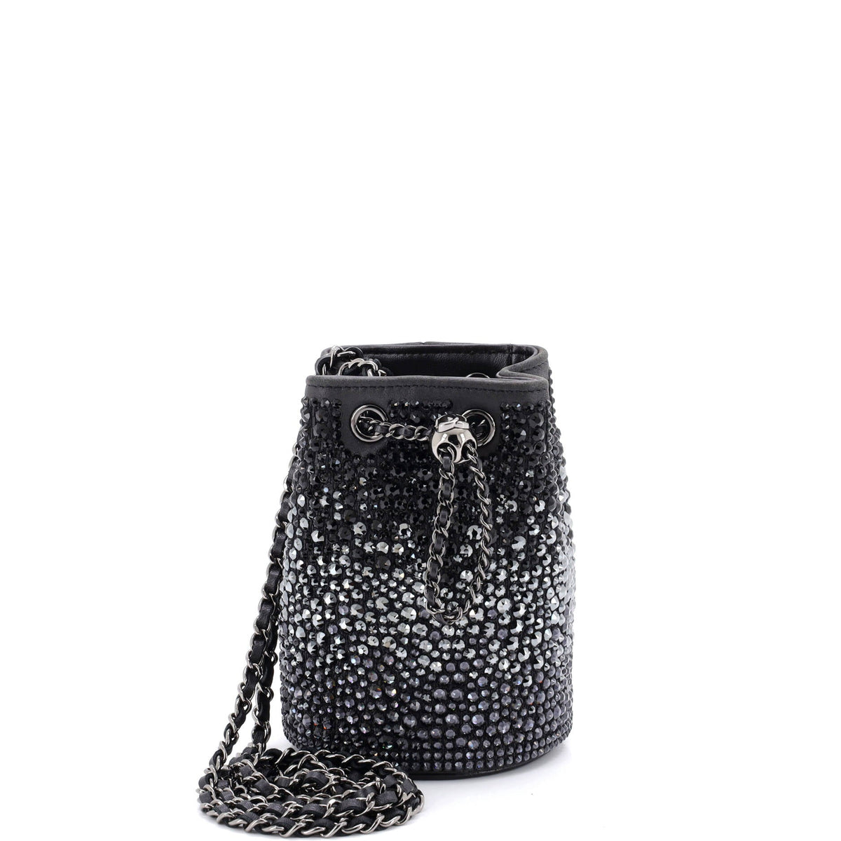 Chanel CHANEL Pearl Crush Drawstring Bucket Bag Strass Embellished Leather Mini