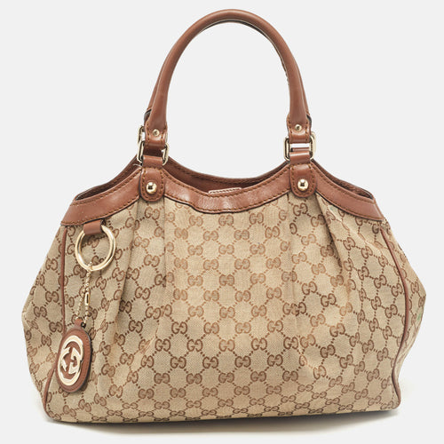 Beige/Brown GG Canvas and Leather Medium Sukey Tote