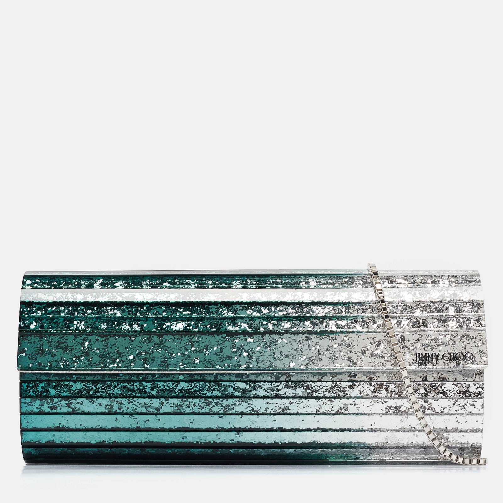 Jimmy Choo Grüne/silberne Sweetie Clutch aus glitzerndem Acryl mit Kette