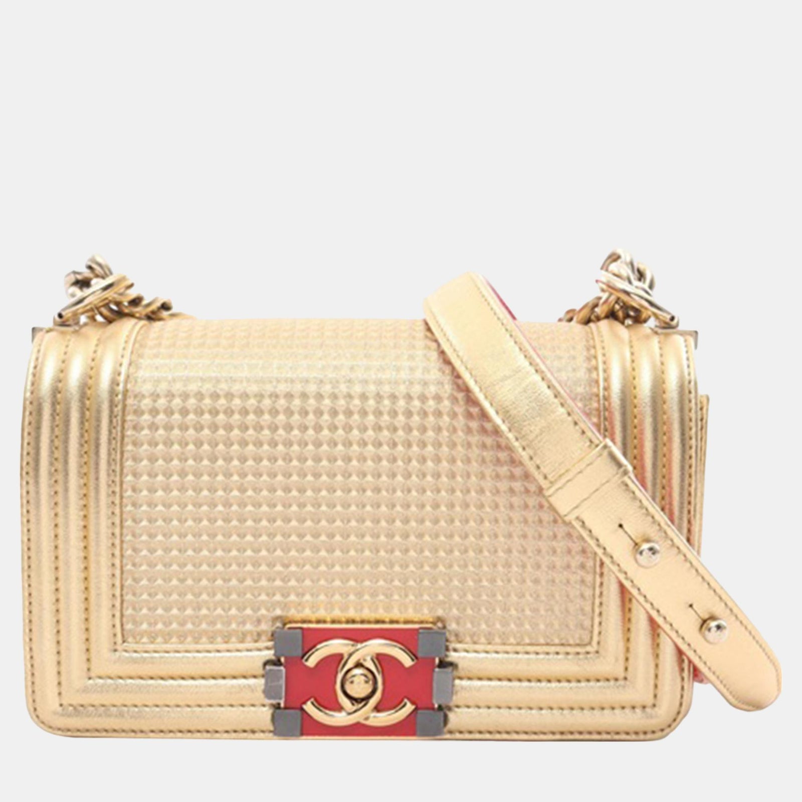 Chanel Kleine, geprägte Cube Boy-Flap-Tasche aus goldenem Lammleder