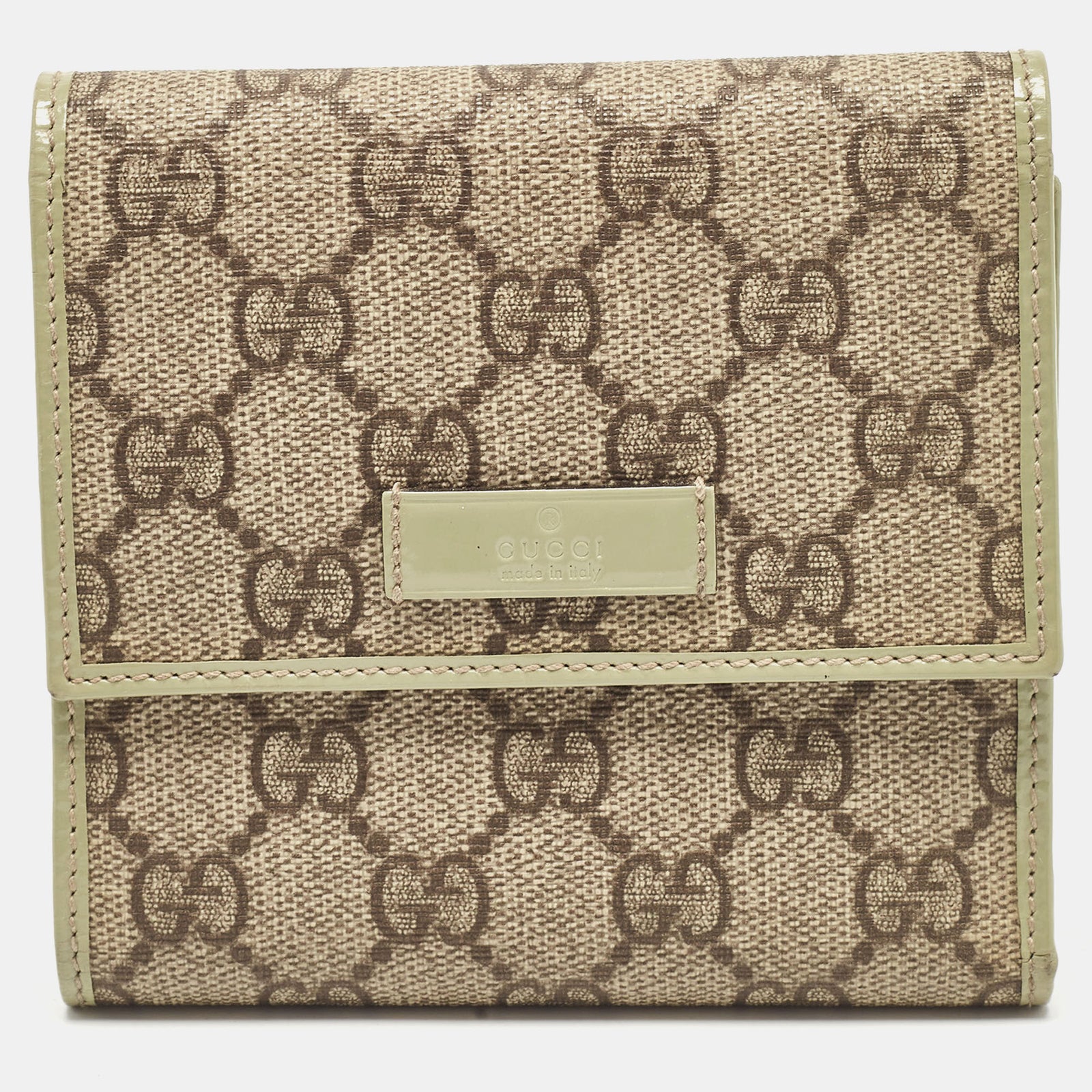 Gucci Portefeuille compact à trois volets en toile suprême beige/vert et cuir verni