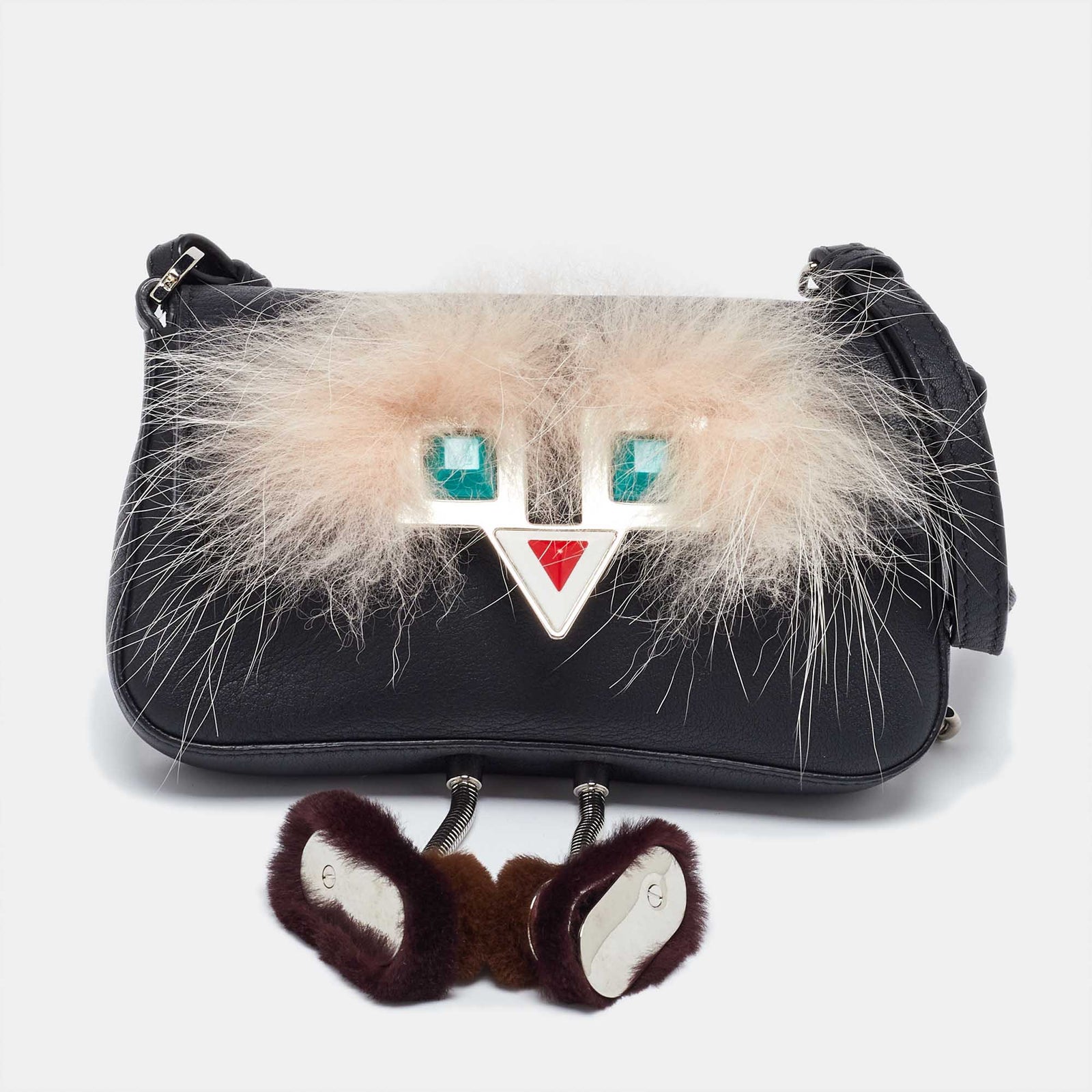 Fendi Black Leather and Fur Micro Monster Baguette Bag