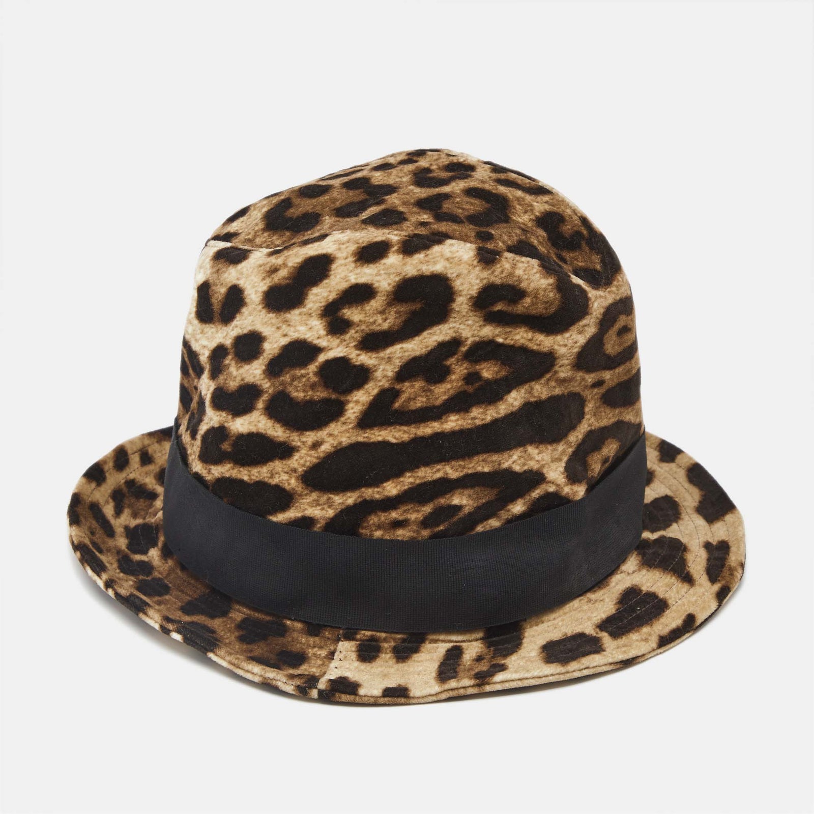 Dolce & Gabbana Brauner Fedora-Hut aus Samt mit Leopardenmuster, Größe M