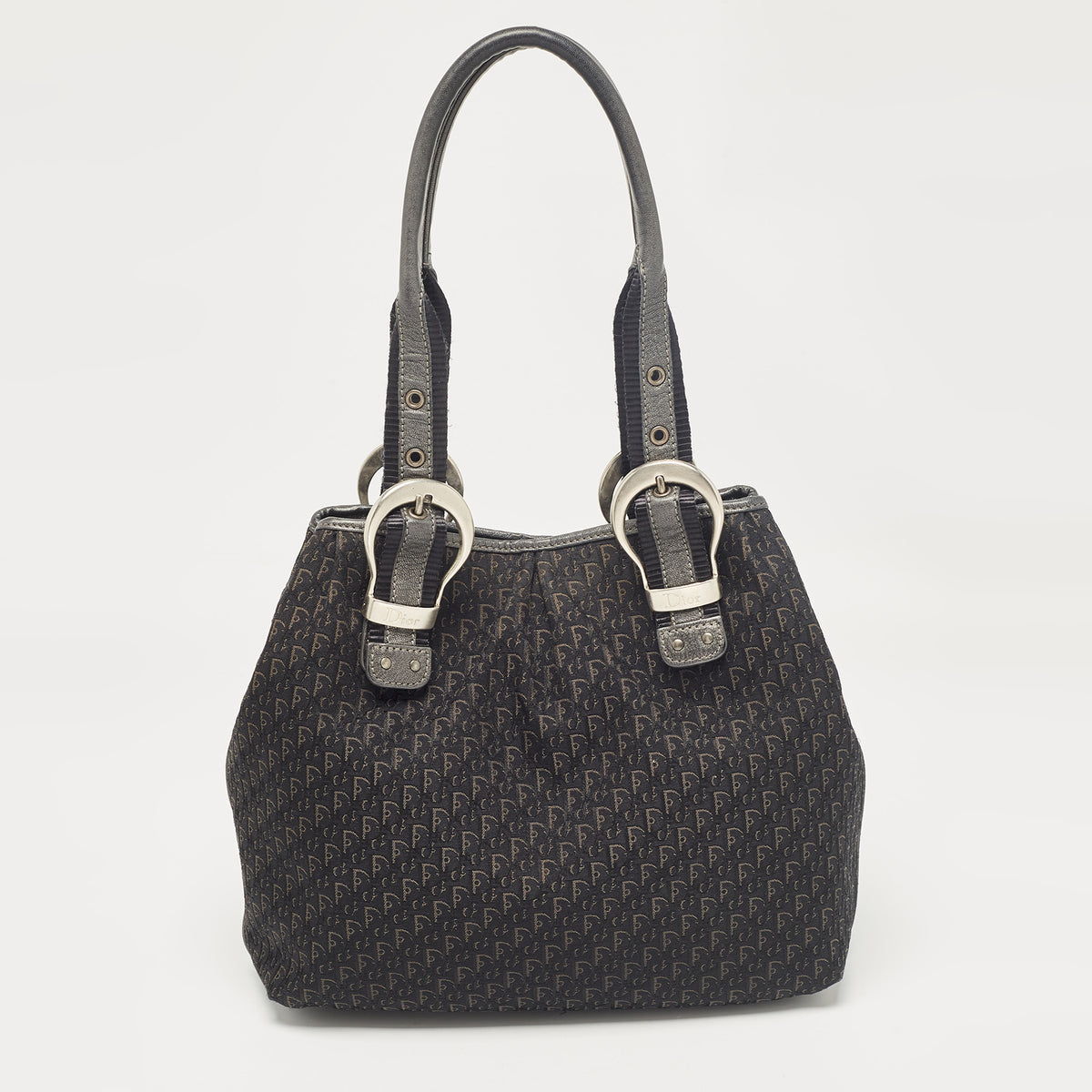 Dior Black Oblique Canvas and Leather Buckle Tote