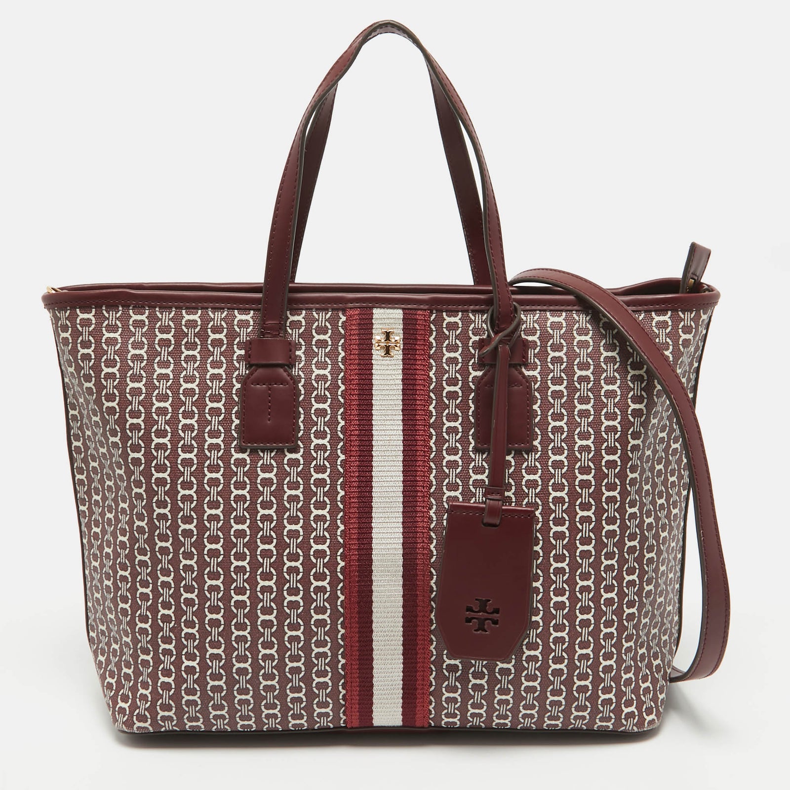 Tory Burch Burgunderrote Tragetasche „Gemini Link Top Zip“ aus beschichtetem Canvas und Leder