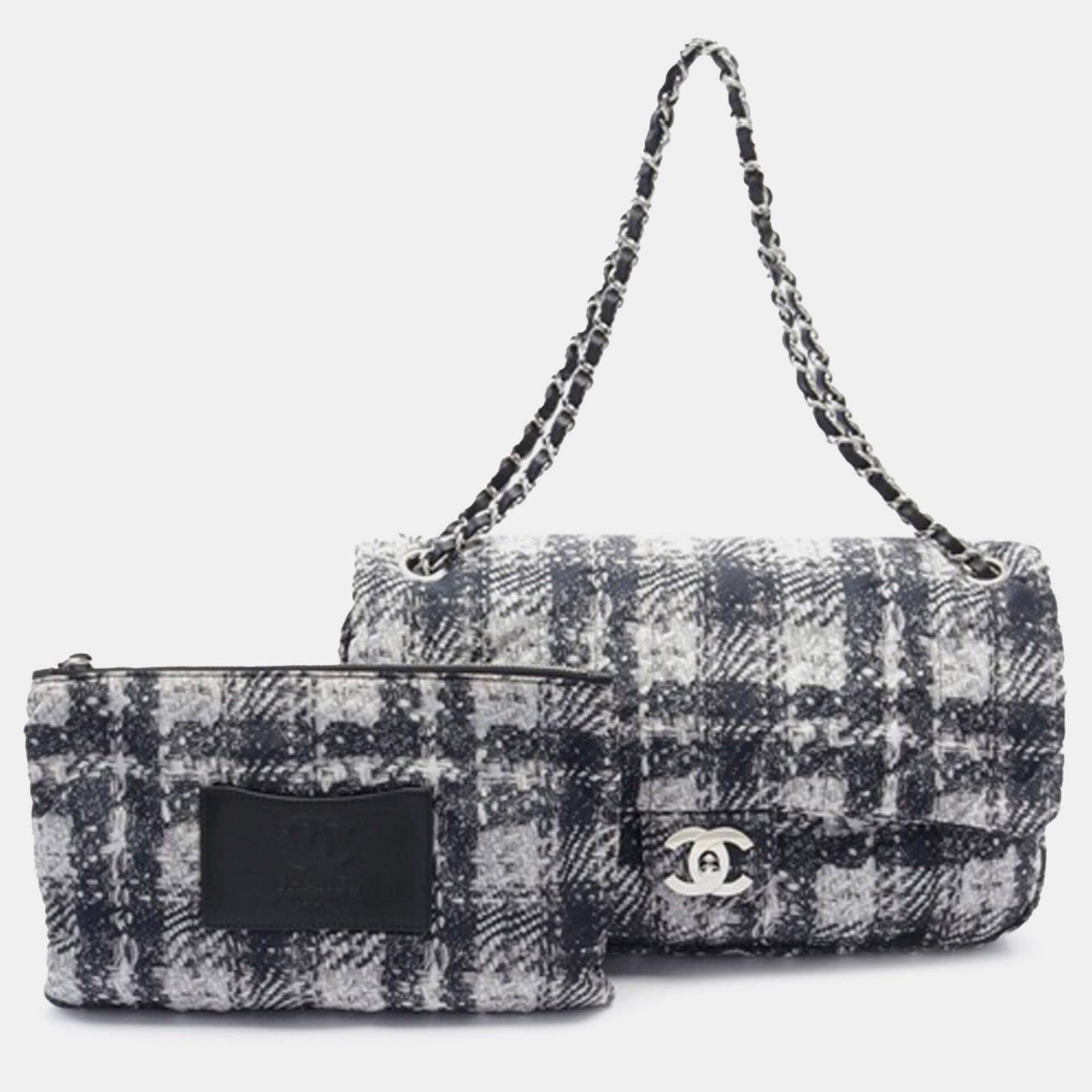 Chanel Umhängetasche aus Nylon mit Kettendetail und Tweed-Print