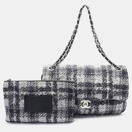 Tweed Print Nylon Chain Flap Bag