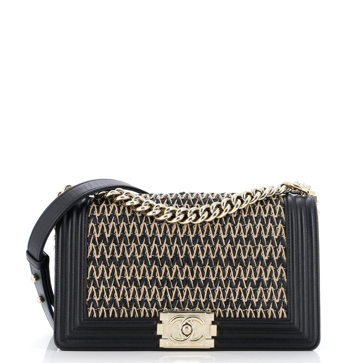 Chanel CHANEL Boy Flap Bag Chevron Woven Raffia and Leather Old Medium