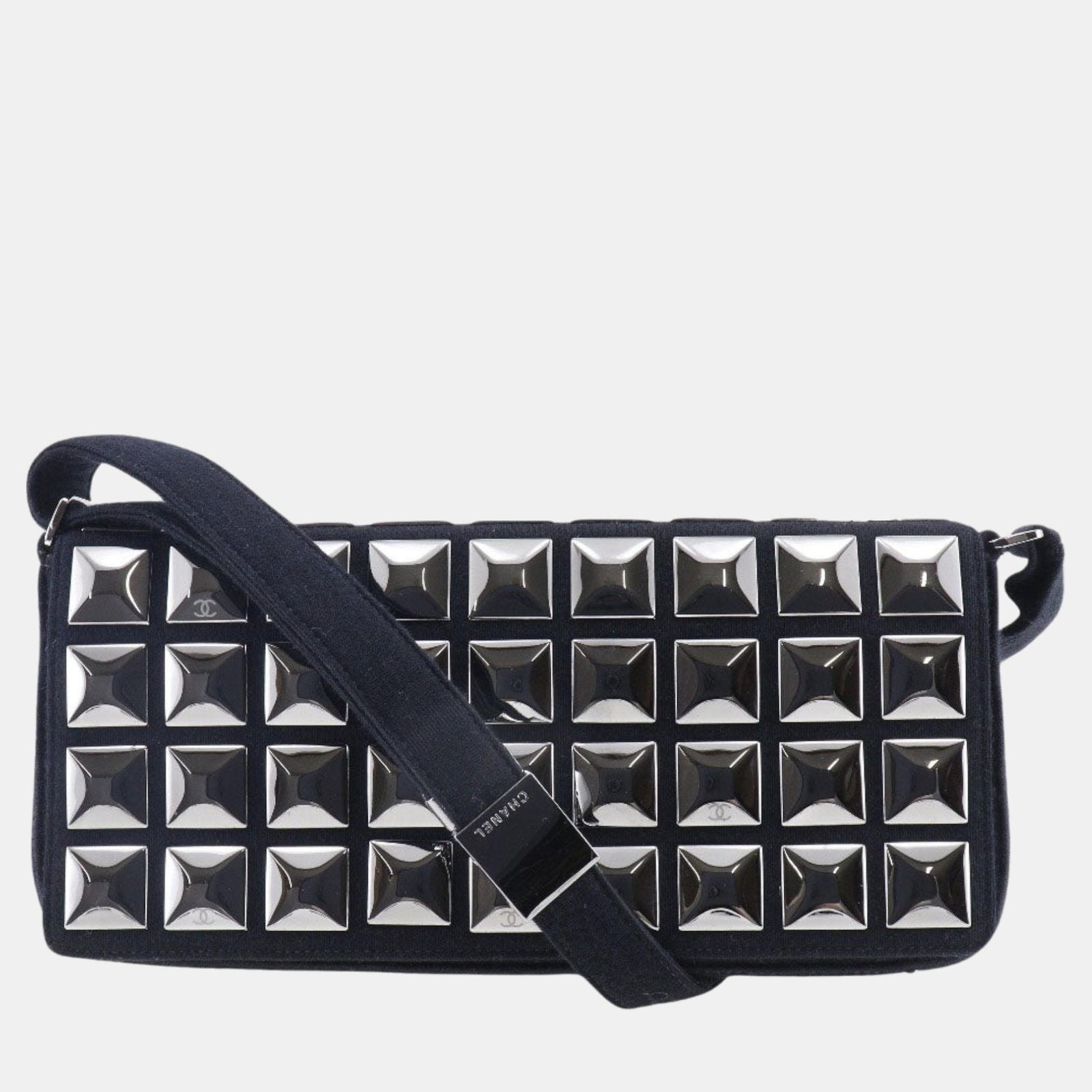 Chanel Black Cotton Studded Jersey Shoulder Bag