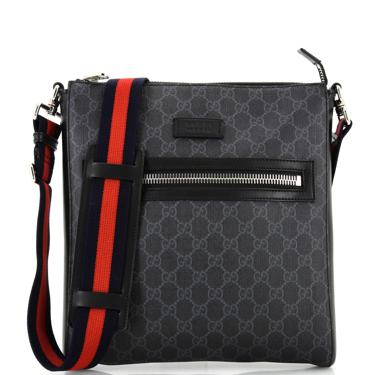 Gucci GUCCI Web Strap Front Zip Messenger Bag GG Coated Canvas Medium