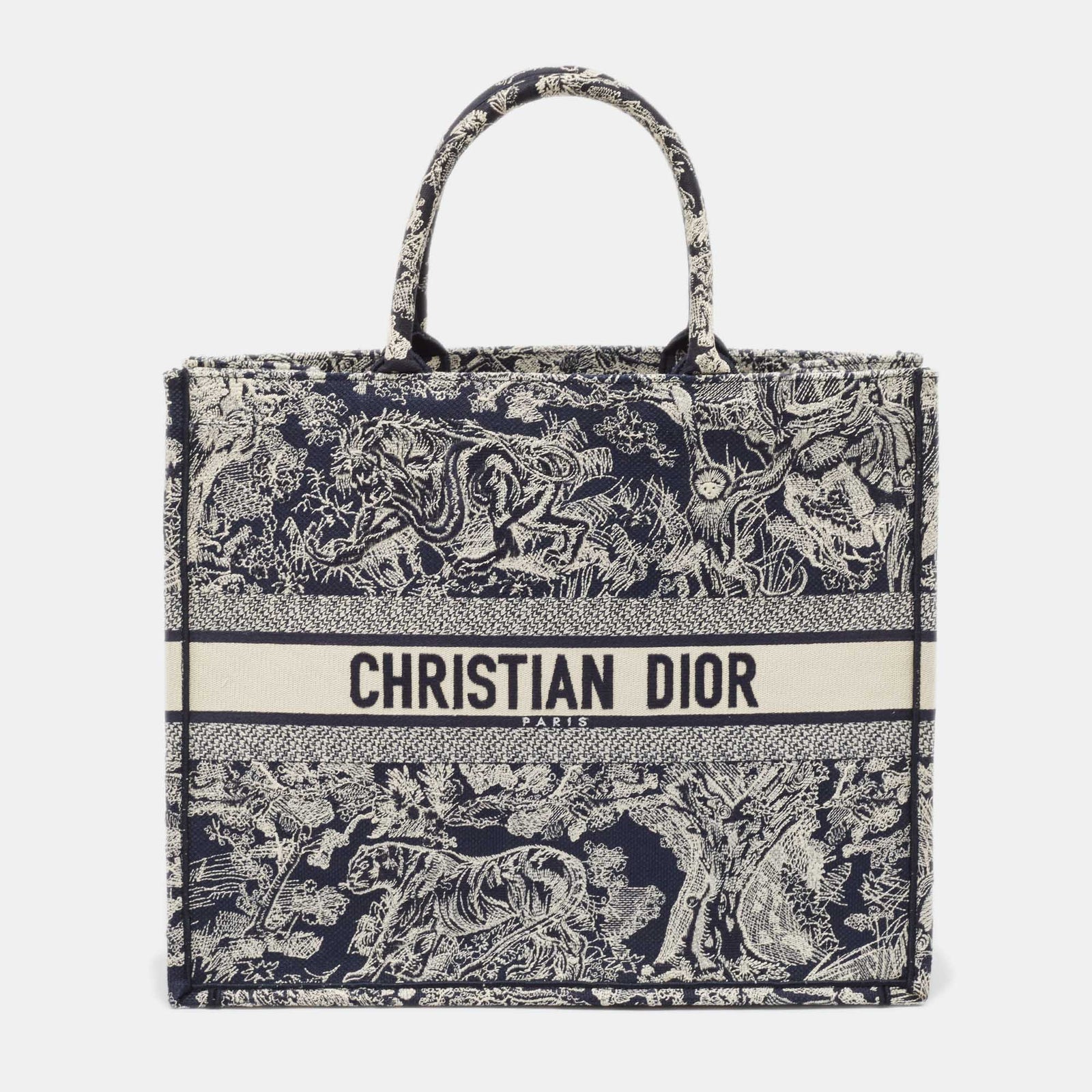 Dior Große, bestickte Toile de Jouy-Buchtasche aus Canvas in Marineblau/Weiß