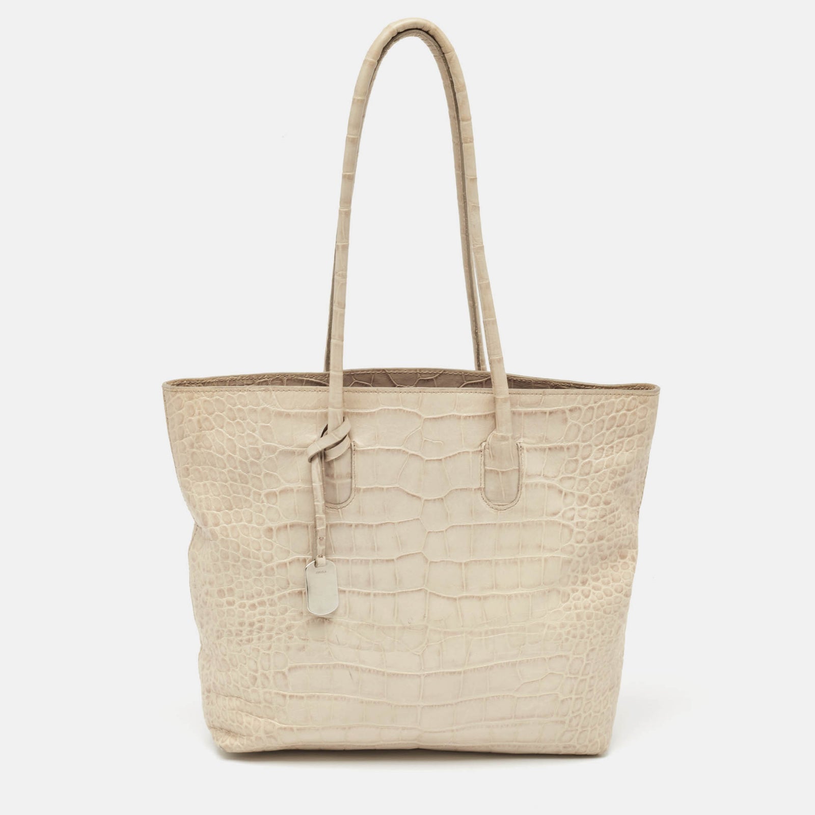 Furla Cream Croc Embossed Leather Tote