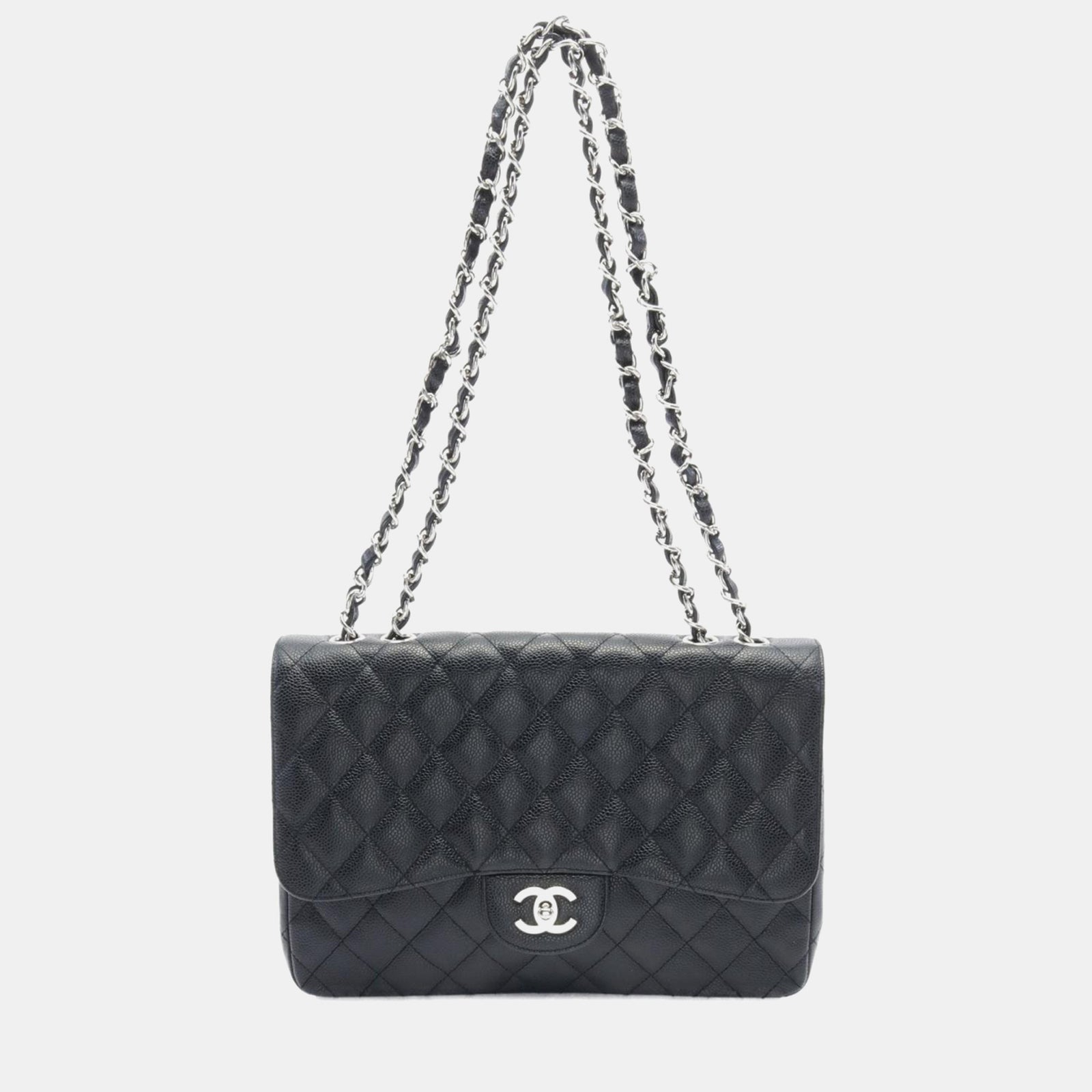 Chanel Jumbo Classic Caviar-Tasche aus schwarzem Leder mit einzelner Klappe