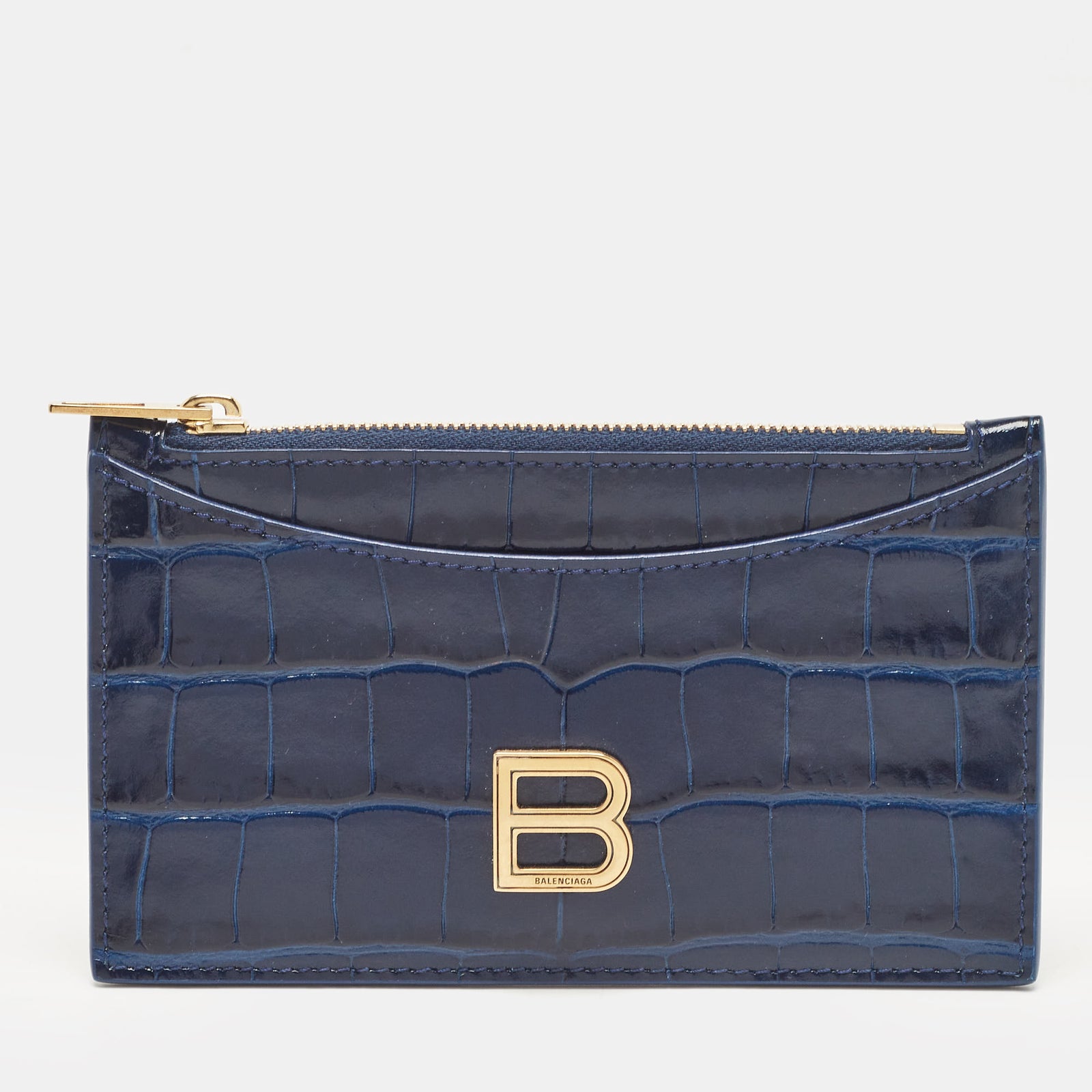 Balenciaga Porte-cartes zippé en cuir bleu gaufré crocodile