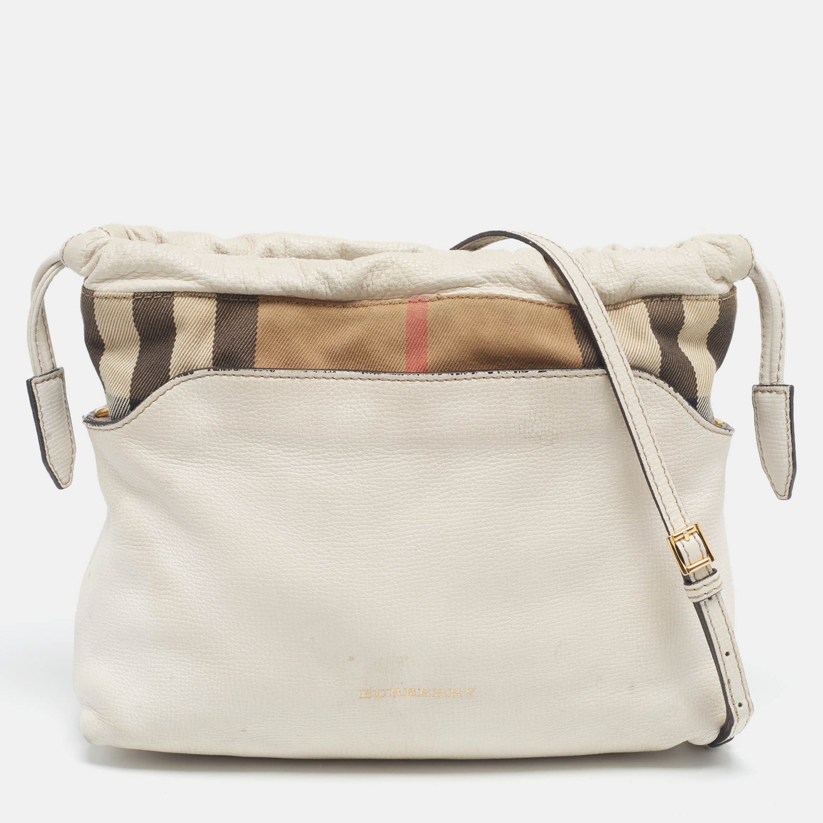 Burberry White/Beige Leather and House Check Canvas Little Crush Crossbody Bag