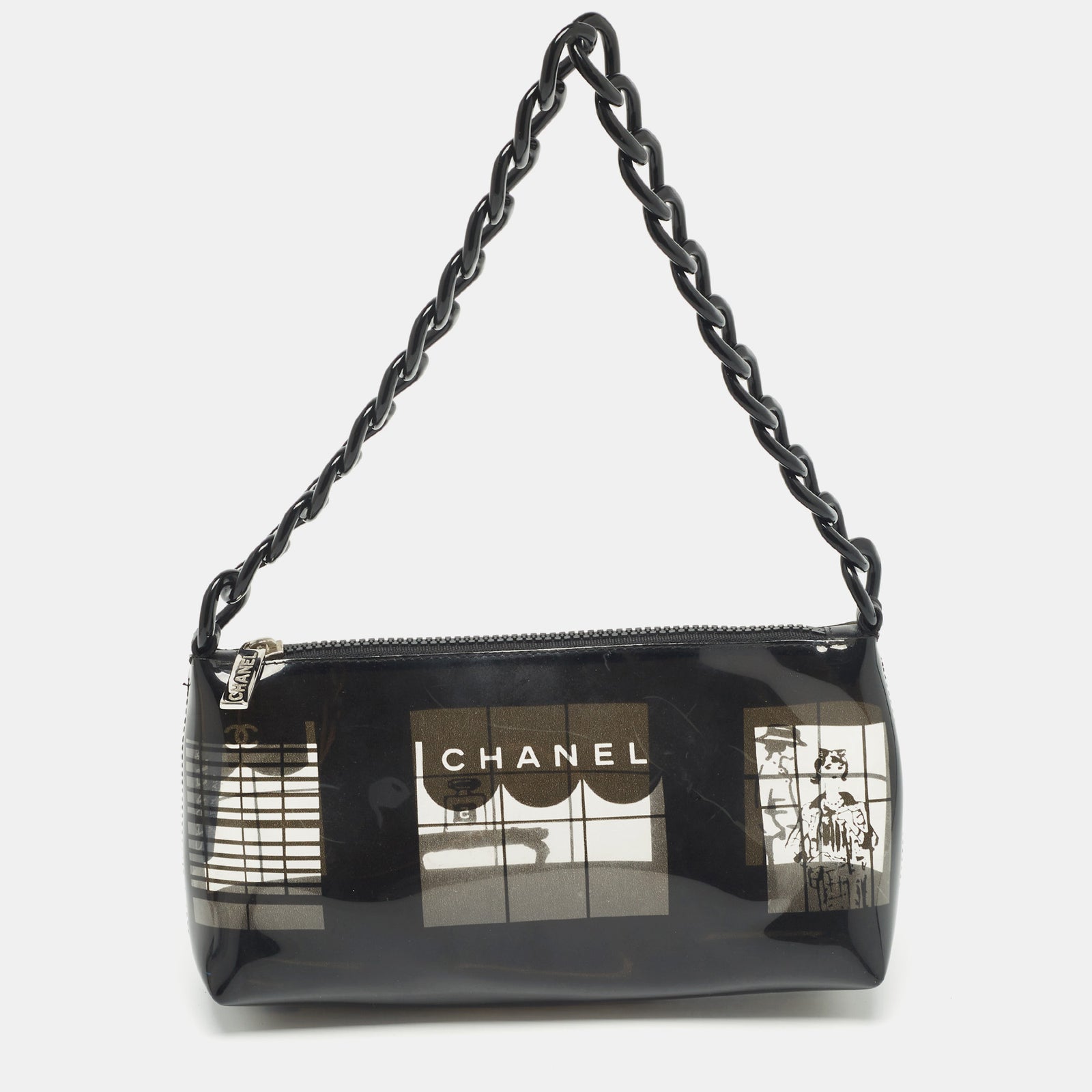 Chanel Sac en vinyle noir avec imprimé fenêtre Maison