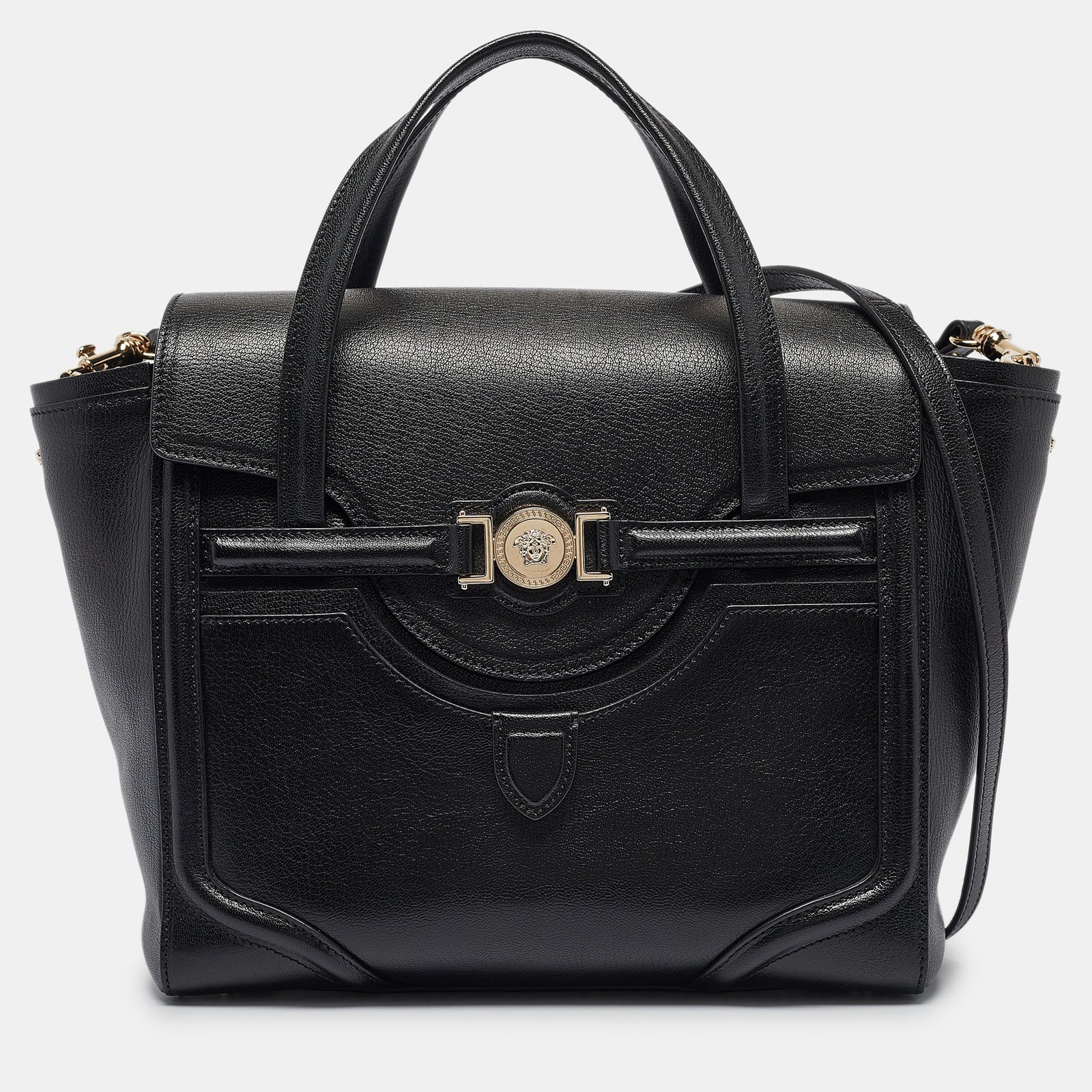 Versace Black Leather Medium Signature Flap Tote