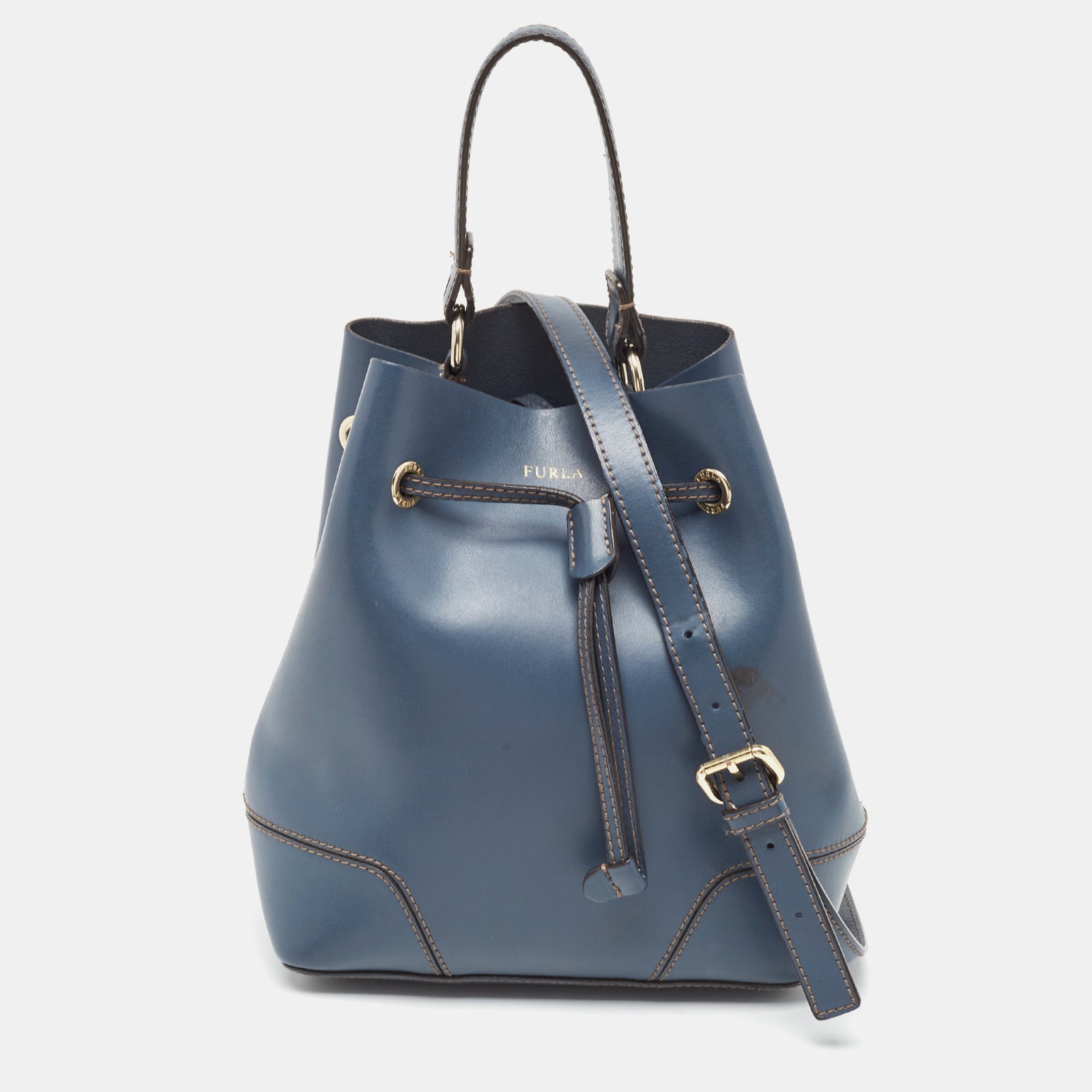 Furla Navy Blue Leather Stacy Drawstring Bucket Bag