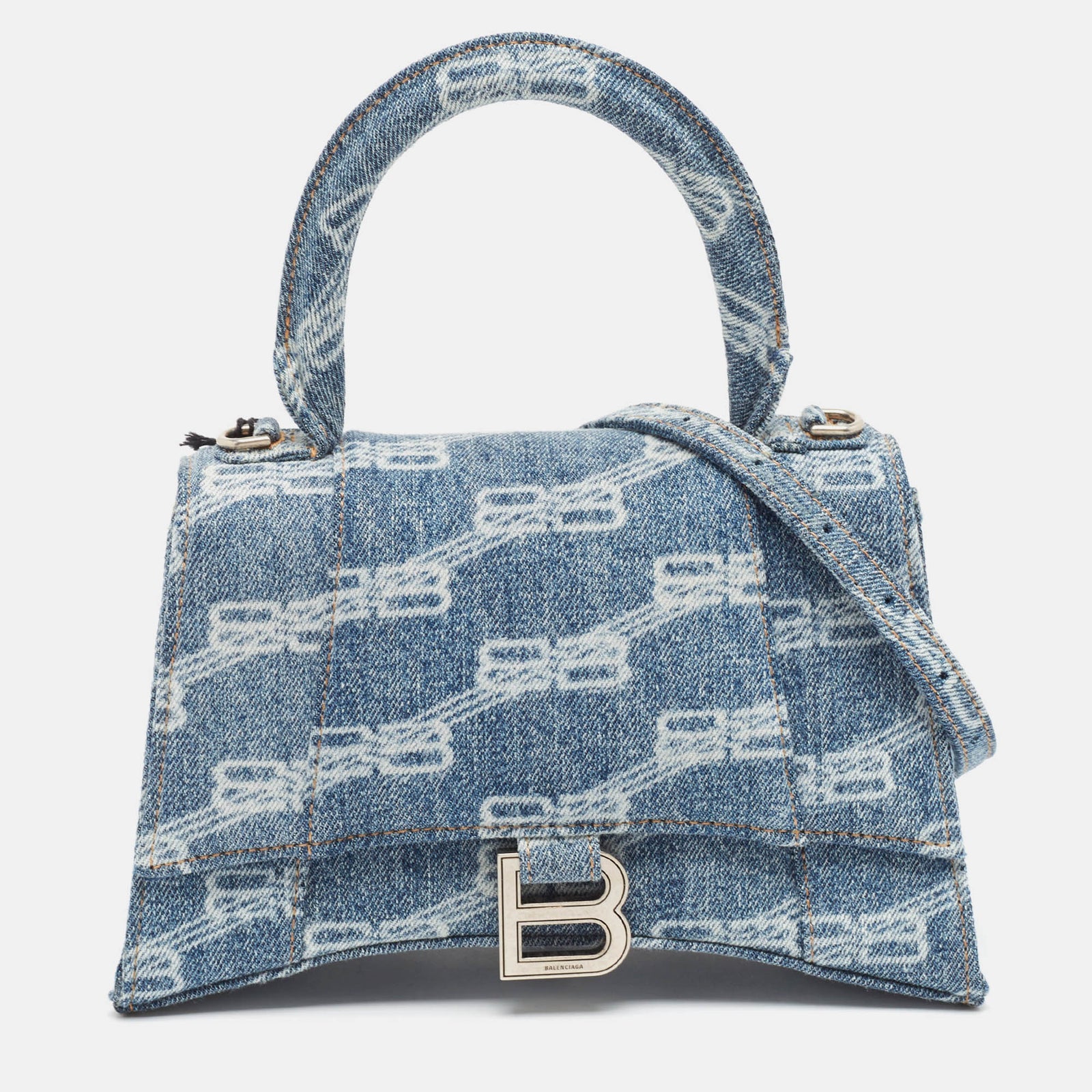 Balenciaga Light Blue BB Monogram Denim Small Hourglass Top Handle Bag