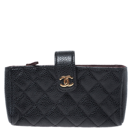 Black Quilted Caviar Leather CC Phone Pouch