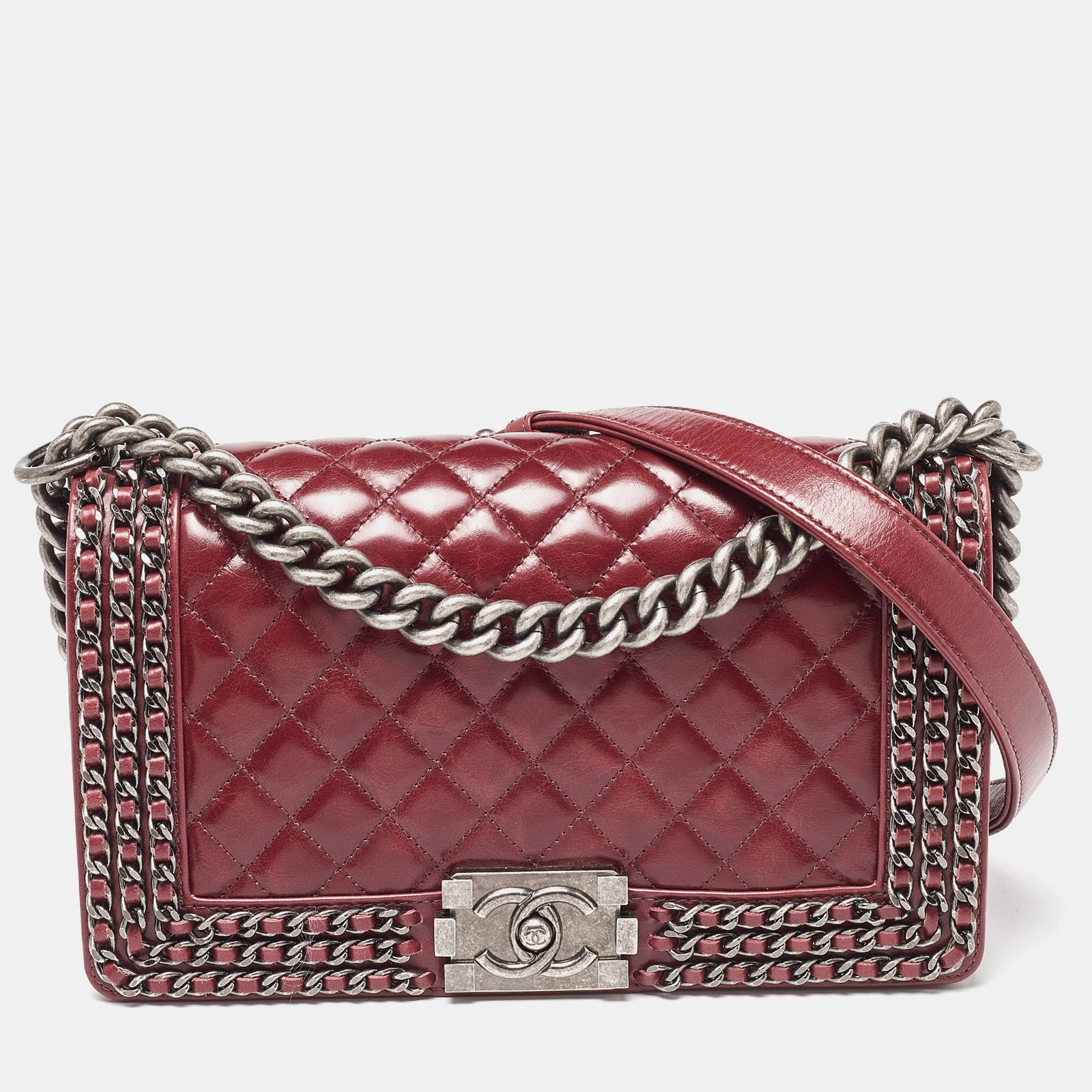 Chanel Red Quilted Leather Medium Interlaced Chained Boy Flap Bag