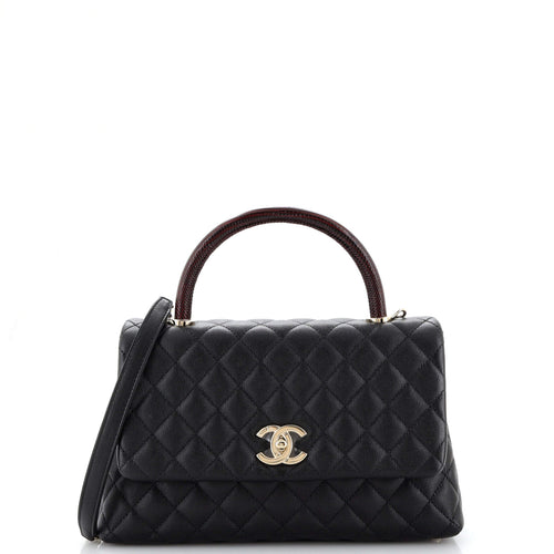 CHANEL Coco Top Handle Bag Quilted Caviar with Lizard Embossed Handle Small