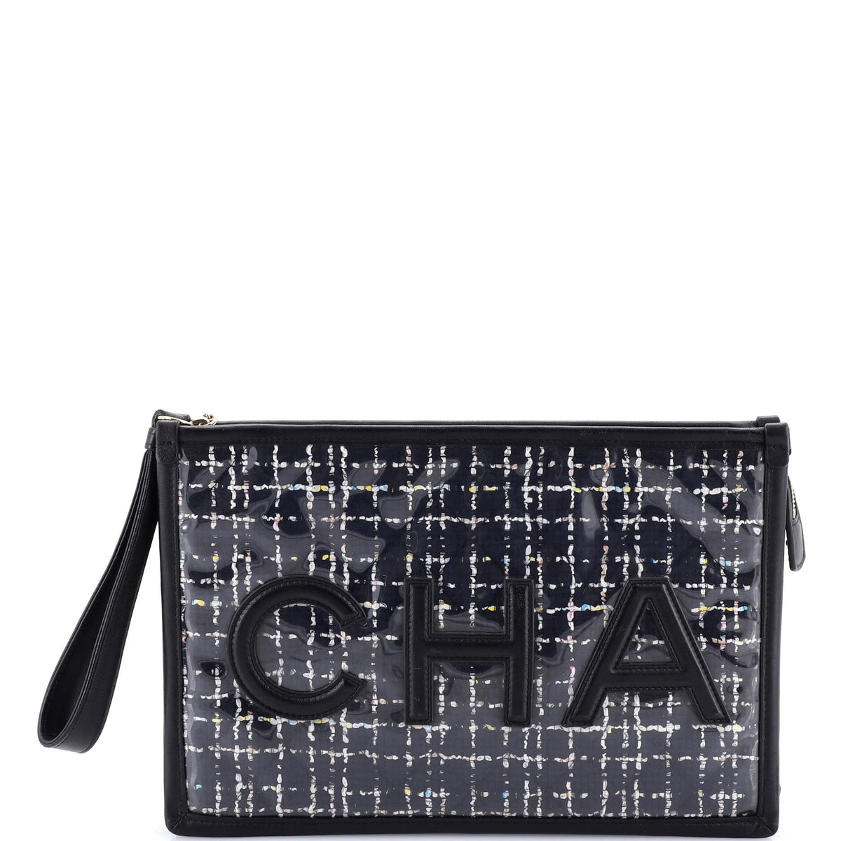 Chanel CHANEL Logo Wristlet Clutch PVC Over Quilted Tweed Large