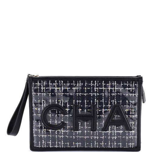 CHANEL Logo Wristlet Clutch PVC Over Quilted Tweed Large