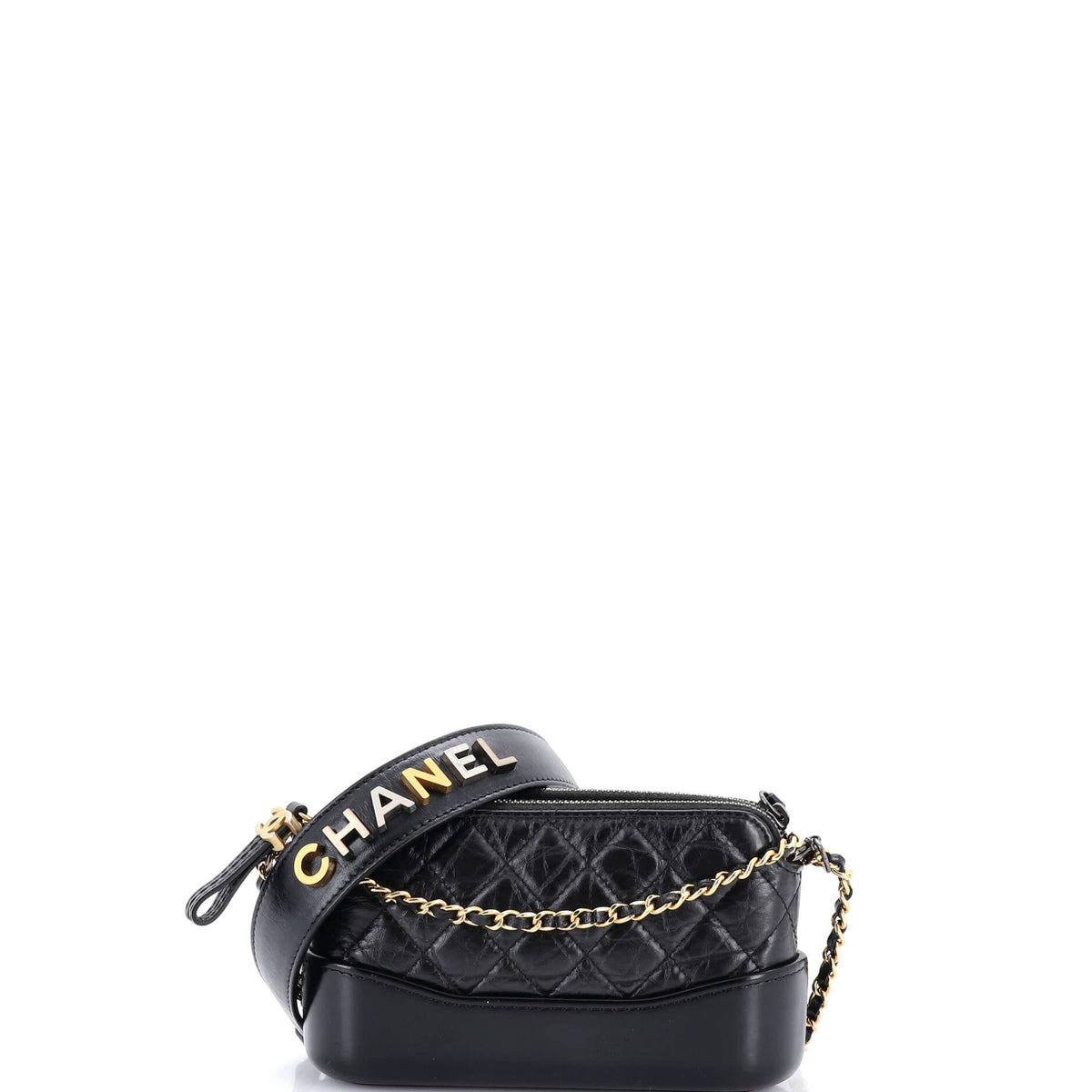 Chanel CHANEL Gabrielle Logo Handle Double Zip Clutch with Chain Quilted Aged Calfskin