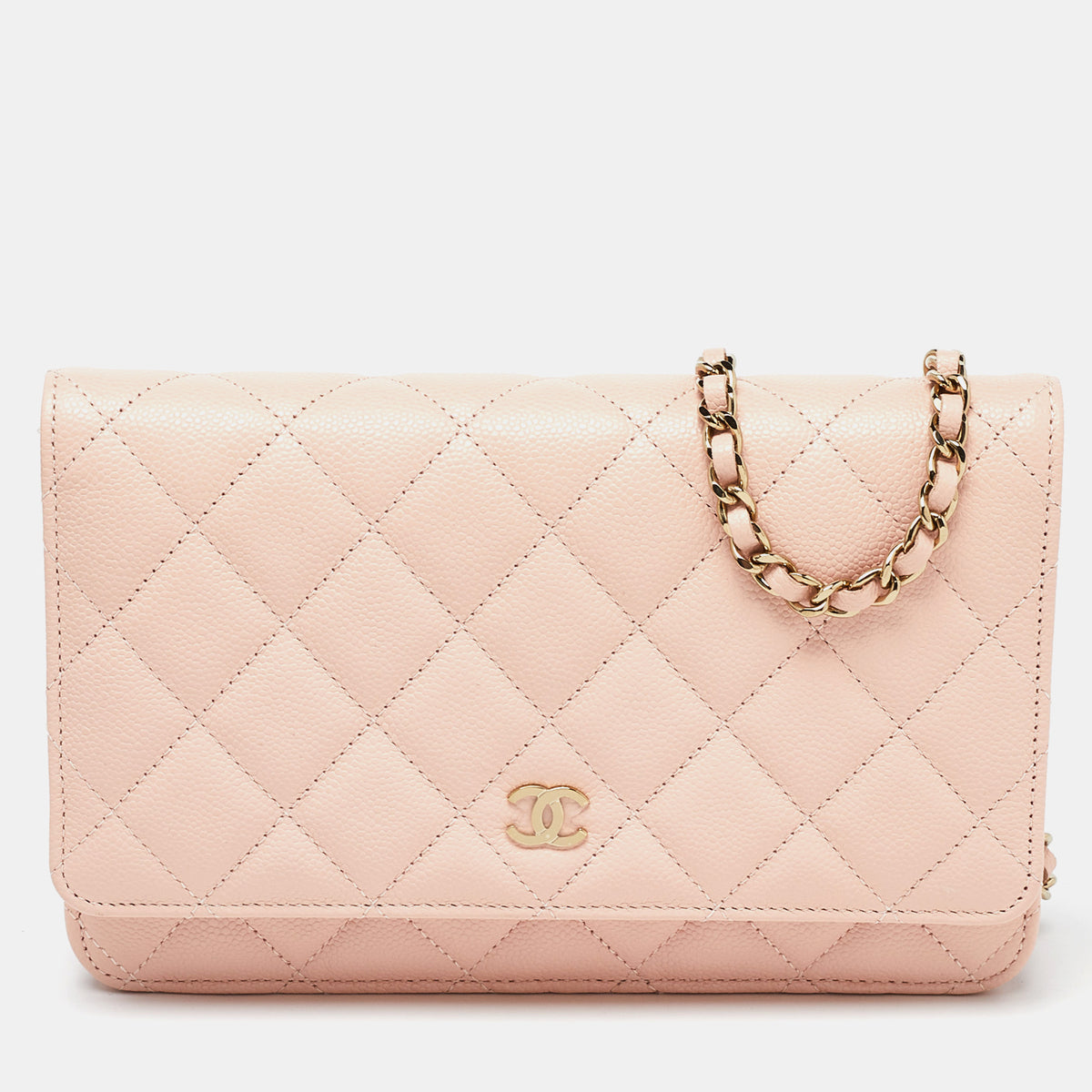 Chanel Peach Quilted Caviar Leather CC Flap Wallet on Chain