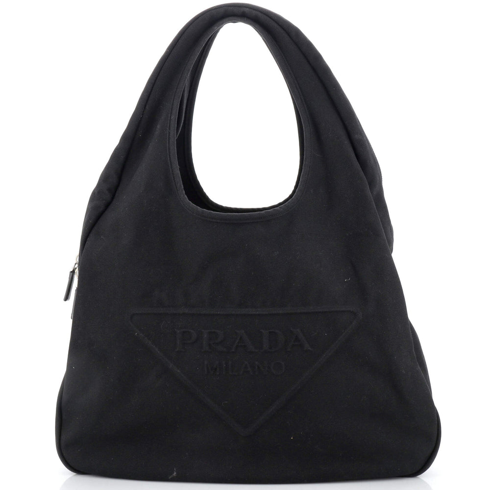 PRADA Triangle Logo Zip Hobo Embossed Canvas Large