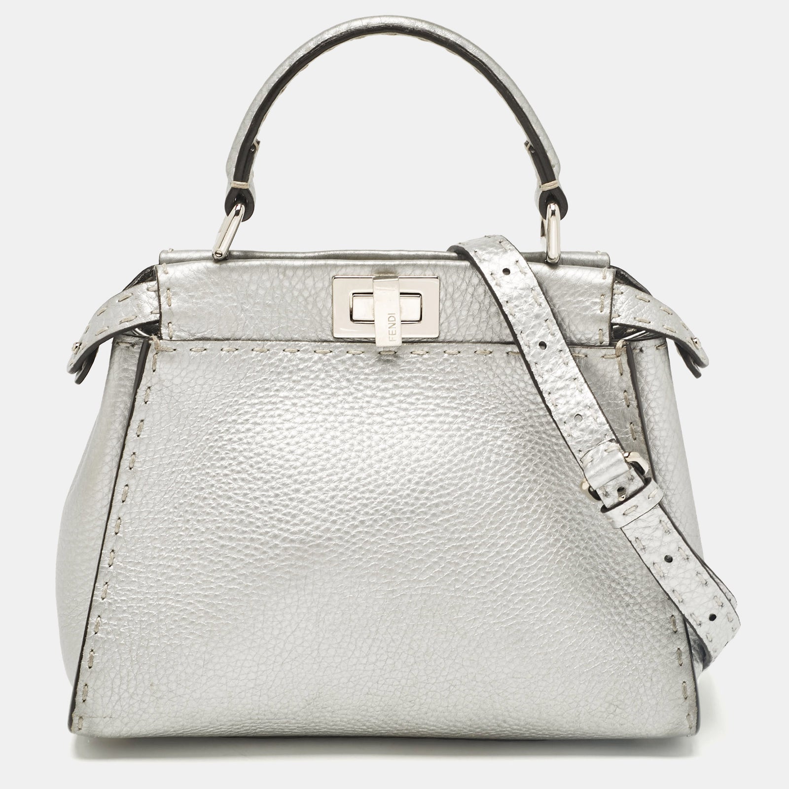 Fendi Silver Selleria Leather Mini Peekaboo Top Handle Bag