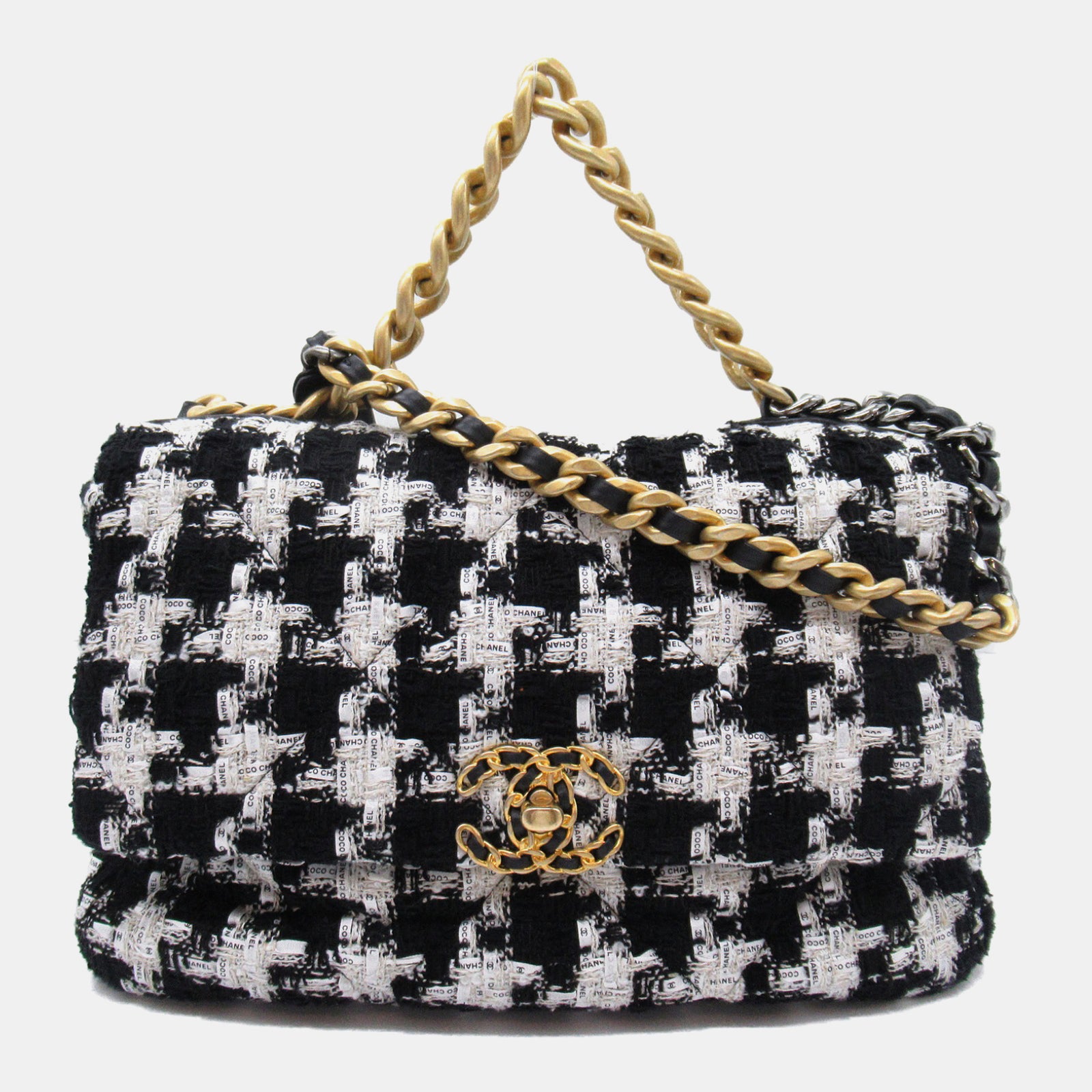 Chanel Black/White Quilted Houndstooth Tweed and Ribbon Medium 19 Flap Shoulder Bag