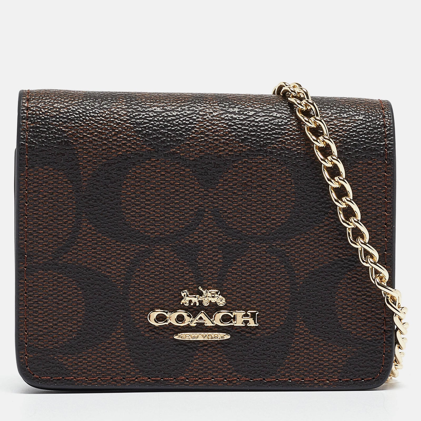 Coach Black/Brown Signature Coated Canvas and Leather Mini Chain Card Case