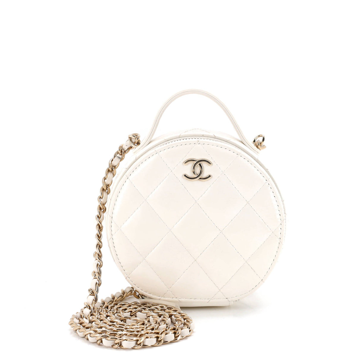 Chanel CHANEL Handle with Care Round Vanity Case with Chain Quilted Lambskin Small
