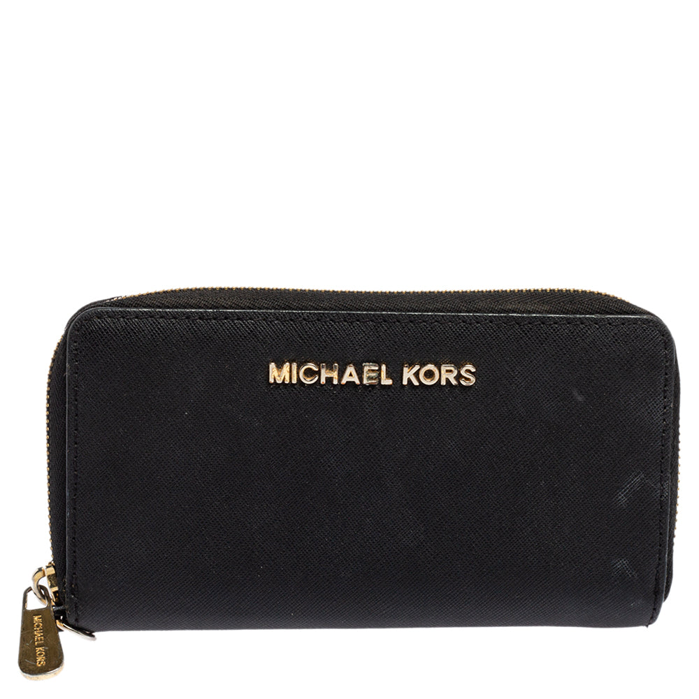 Michael Kors Black Leather Jet Set Zip Around Wallet