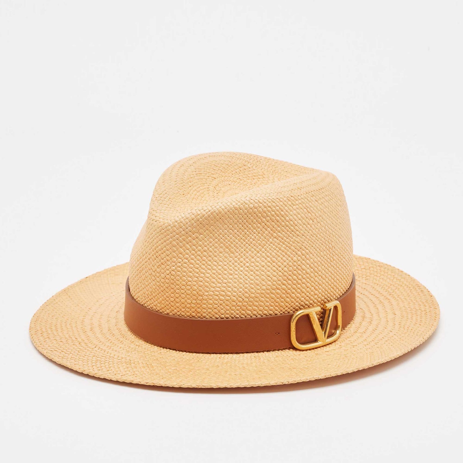 Valentino Garavani Brown Straw and Leather Trim Fedora Hat