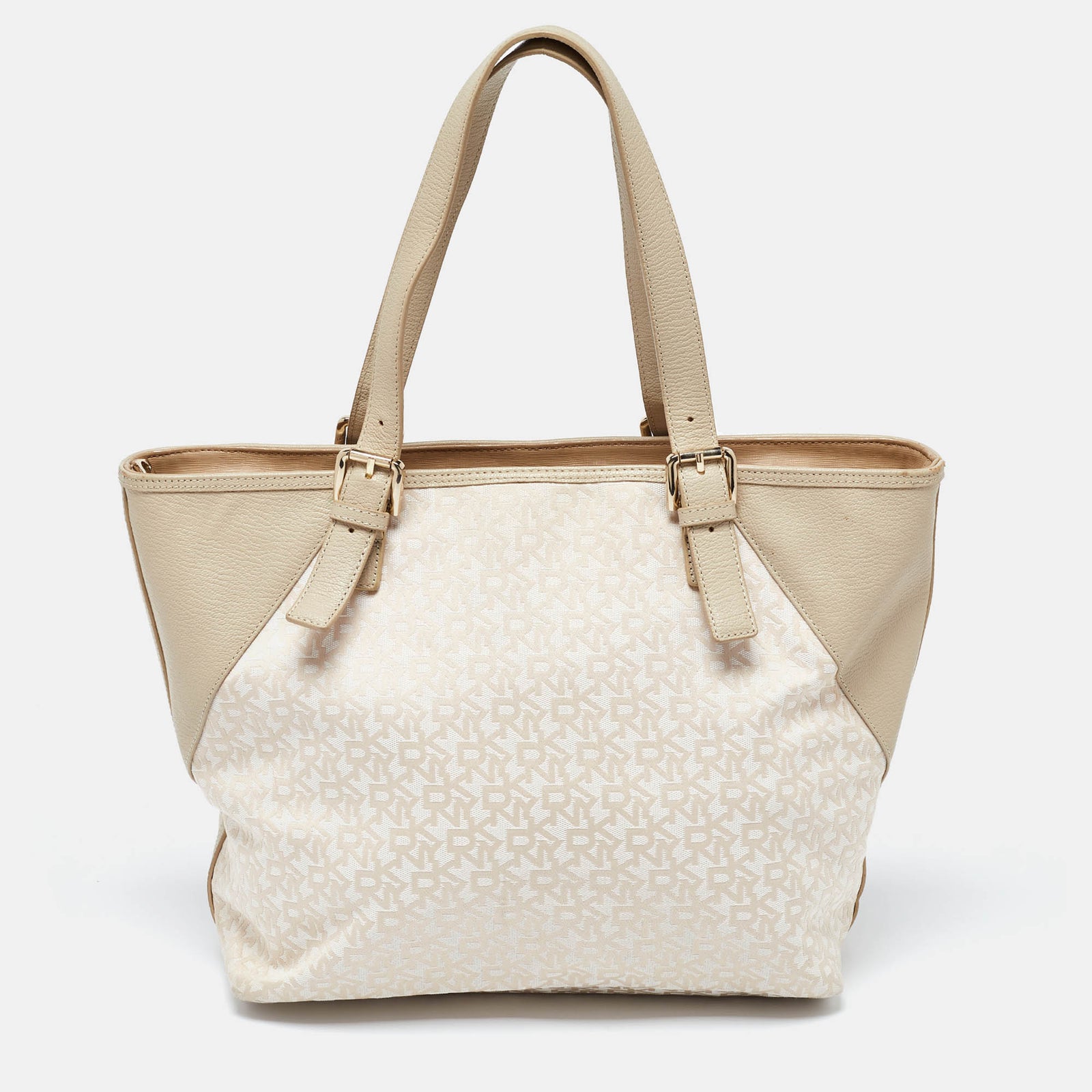 DKNY Sac fourre-tout zippé en toile et cuir monogrammé crème/beige