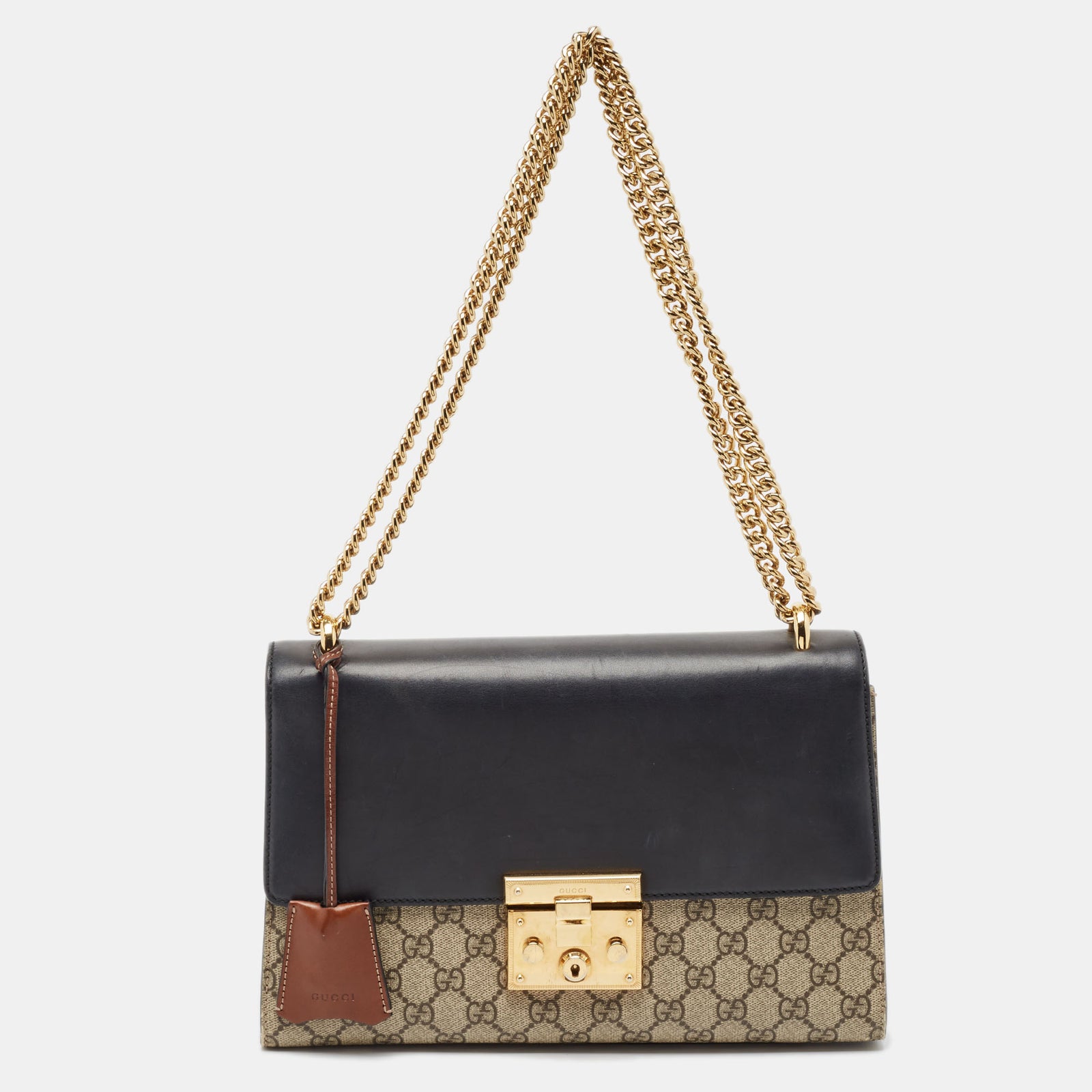 Gucci Sac à bandoulière en toile et cuir suprême GG beige/noir de taille moyenne avec cadenas