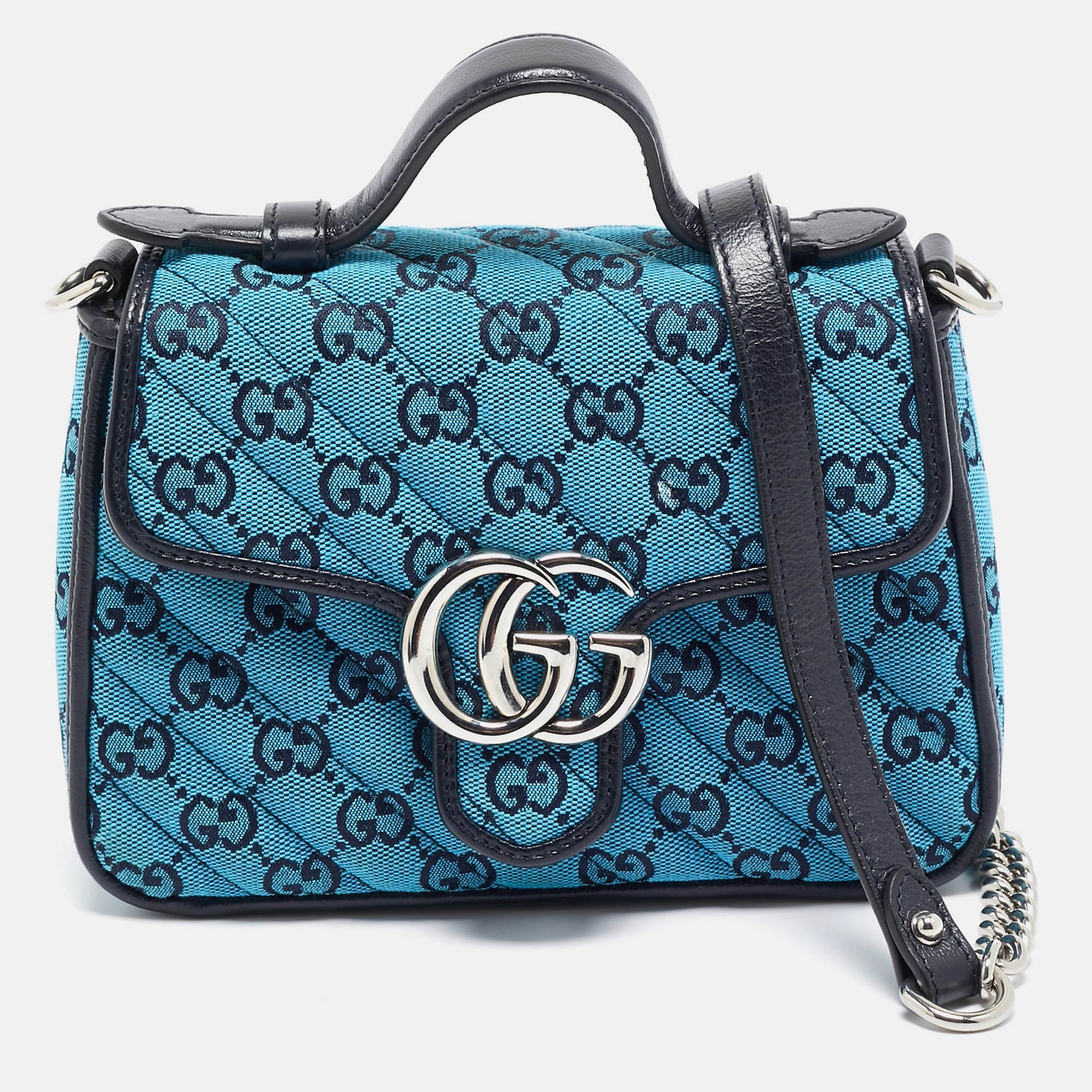 Gucci Mini GG Marmont Henkeltasche aus blauem Canvas mit diagonalem Steppmuster und Leder