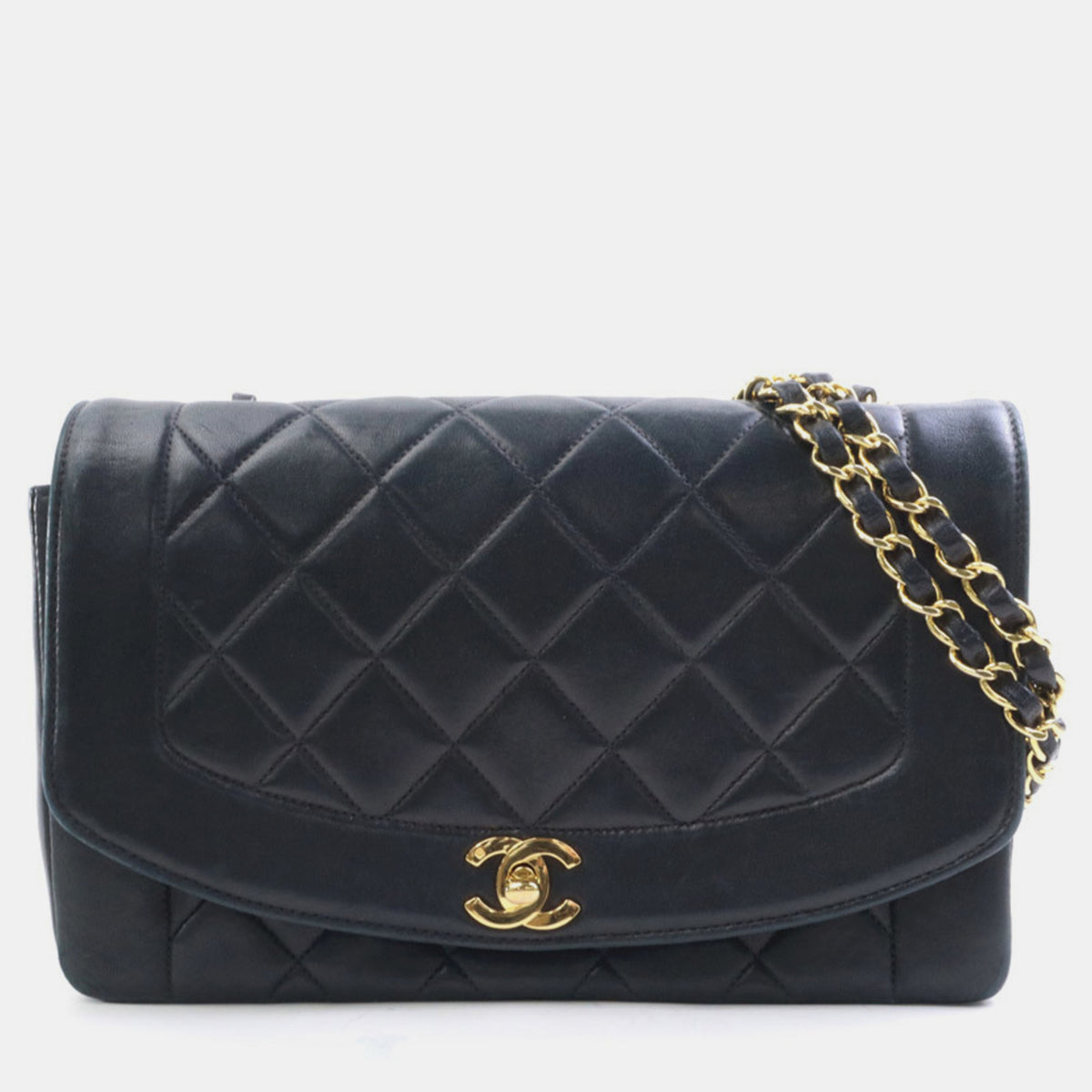 Chanel Black Gold Leather Diana Matelasse Shoulder Bag