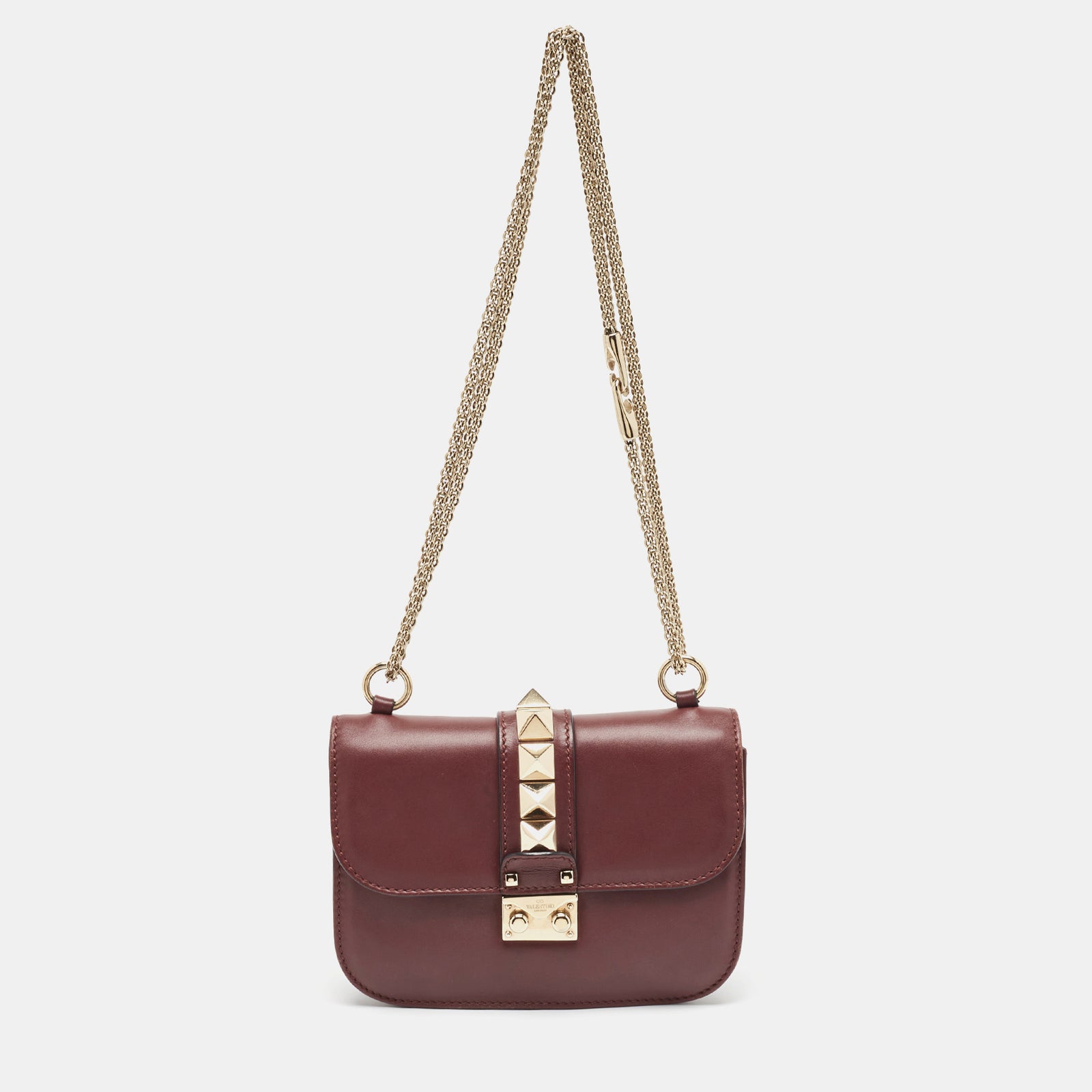 Valentino Burgundy Leather Small Rockstud Glam Lock Flap Bag