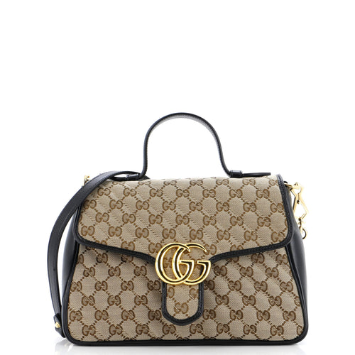 GUCCI GG Marmont Top Handle Flap Bag Diagonal Quilted GG Canvas Small