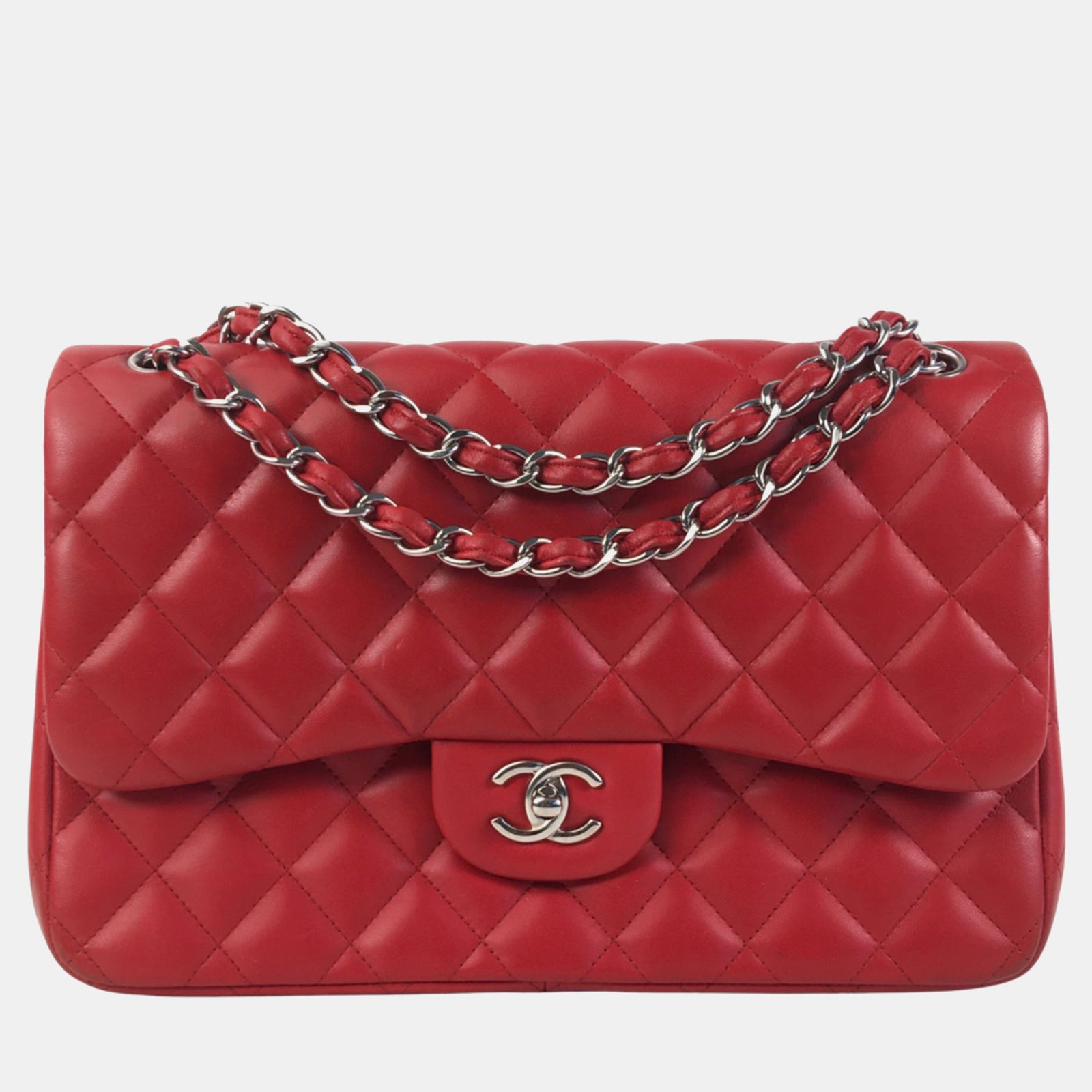 Chanel Red Lambskin Leather Jumbo Classic Double Flap Shoulder Bags