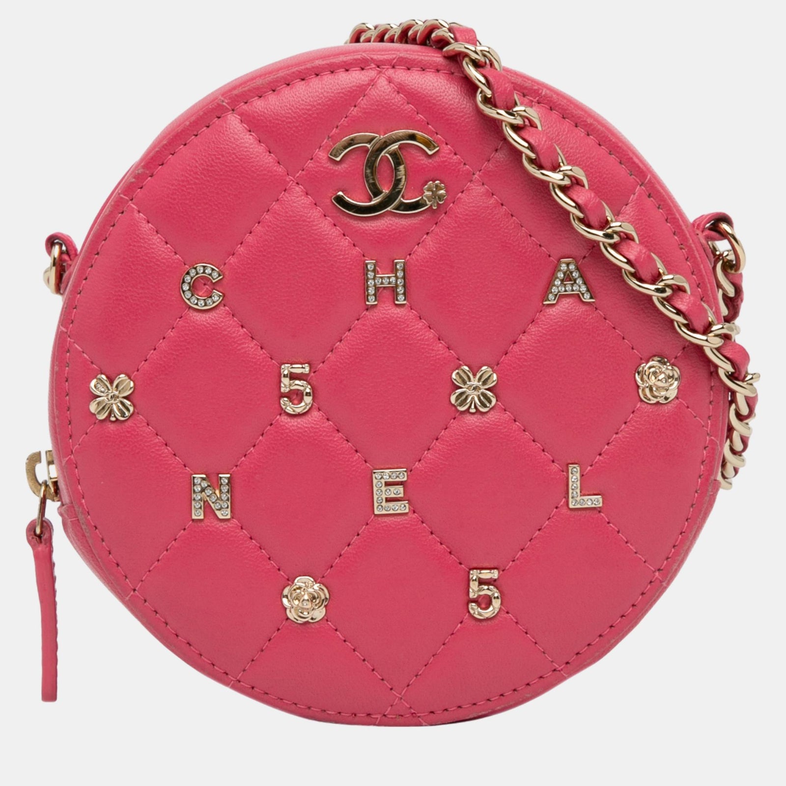 Chanel Runde Clutch „Lucky Charms“ aus gestepptem Lammleder mit Kette in Rosa