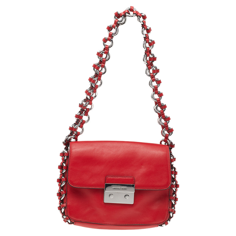 Michael Kors Red Leather Piper Flap Shoulder Bag