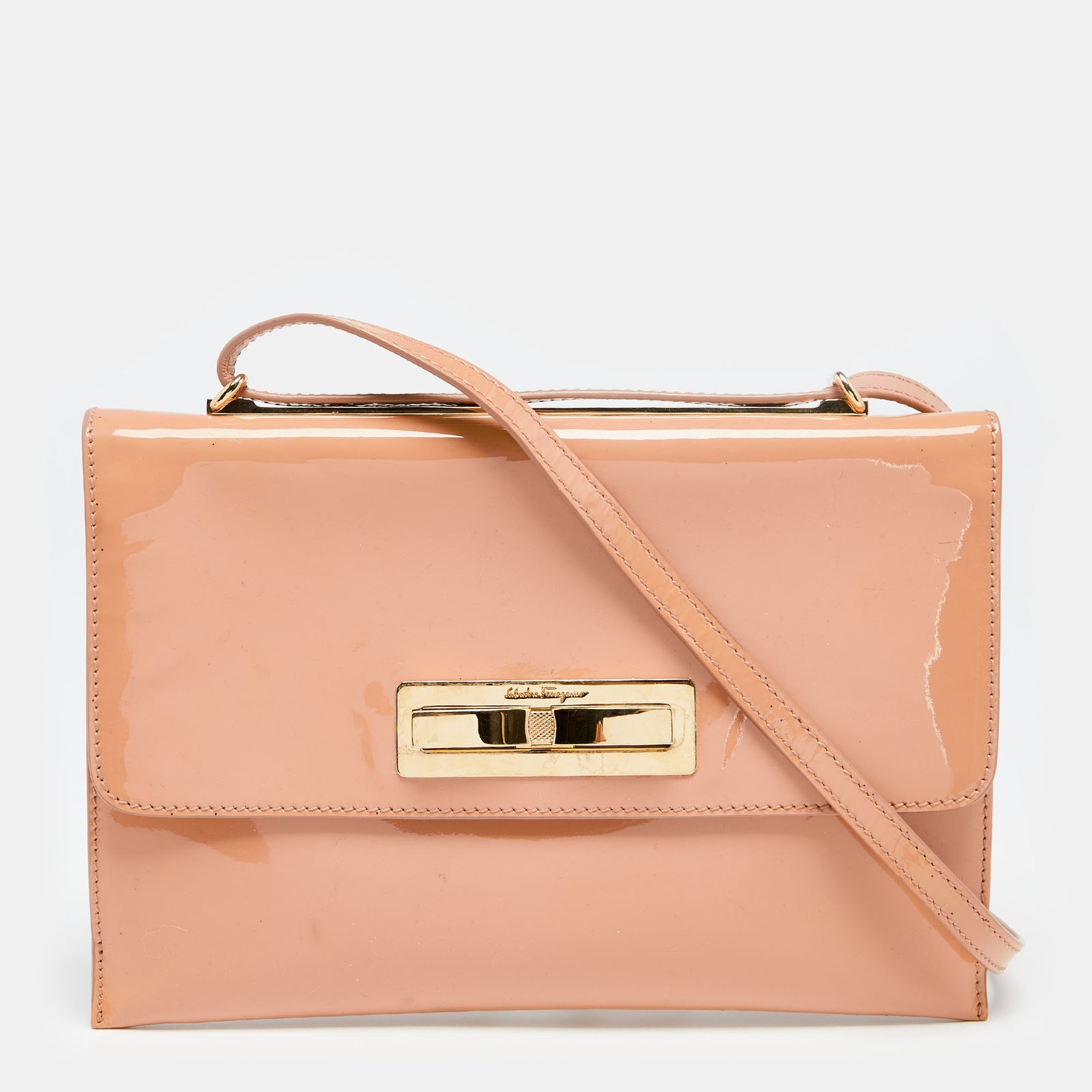 Salvatore Ferragamo Peach Patent Leather Metal Bow Flap Shoulder Bag