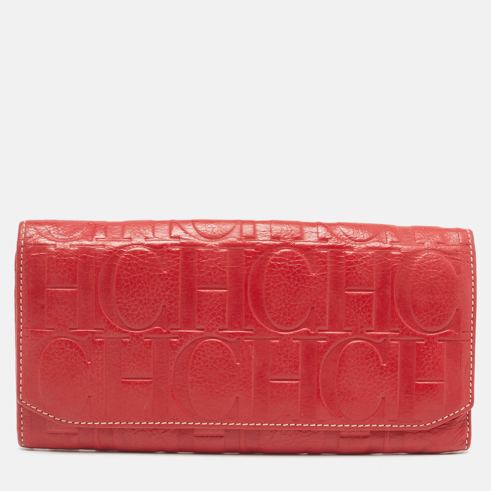 Carolina Herrera Red Monogram Embossed Leather Flap Continental Wallet