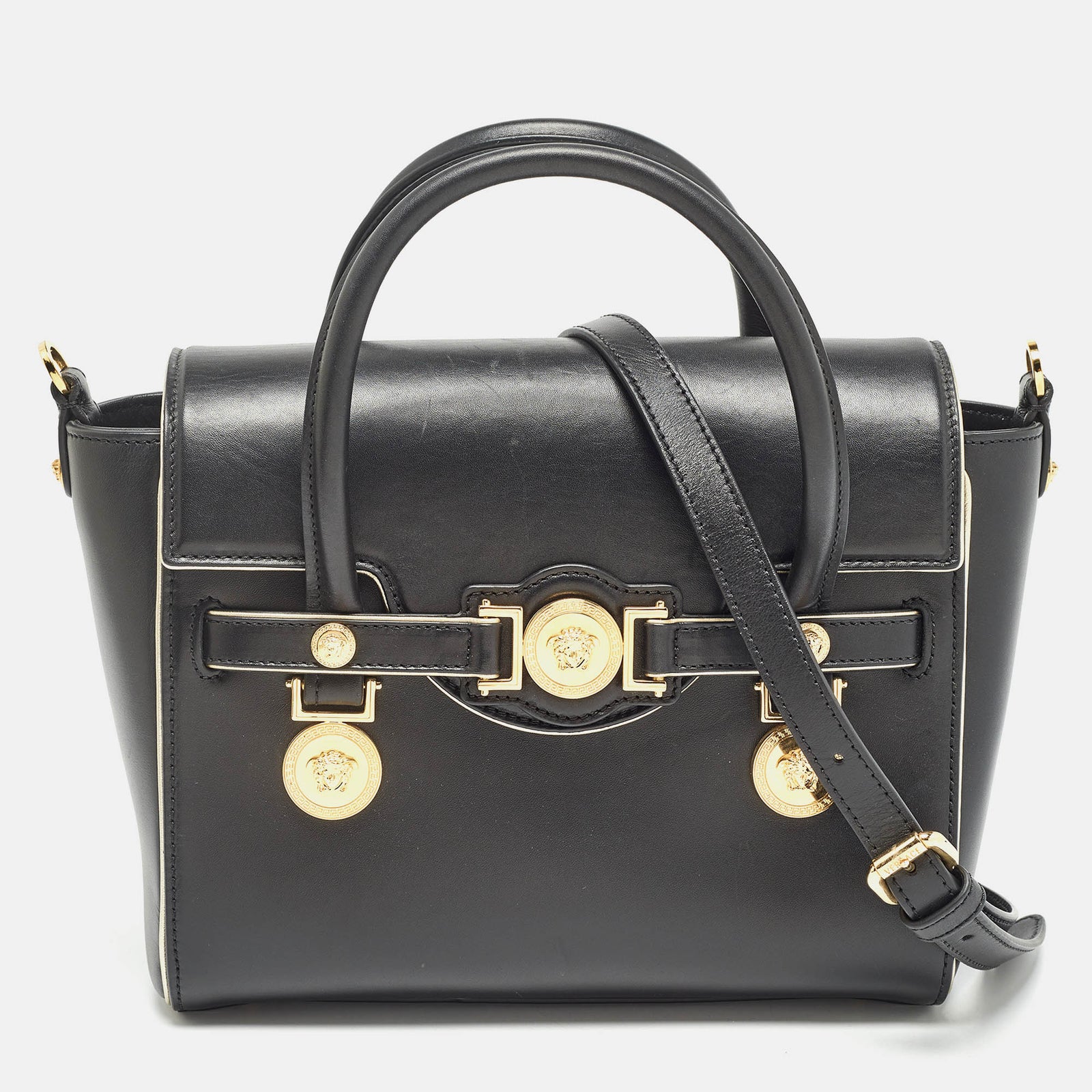 Versace Black Leather Medium Medusa Medallion Tote